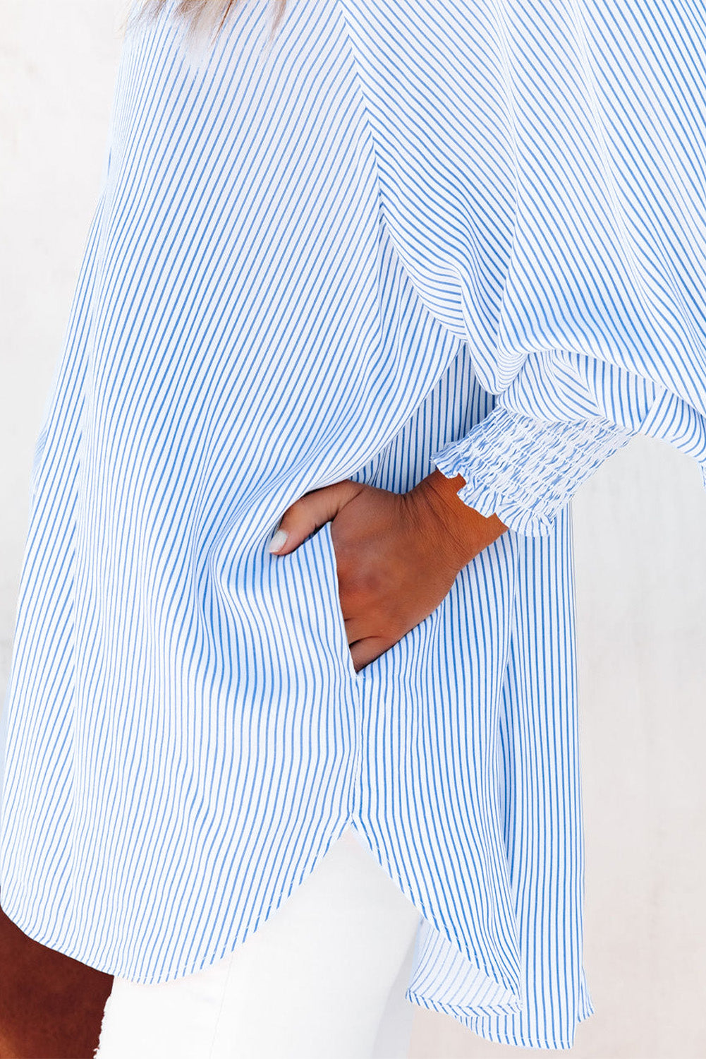 Black Striped Casual Shirred Cuffs Shirt - Cowaa