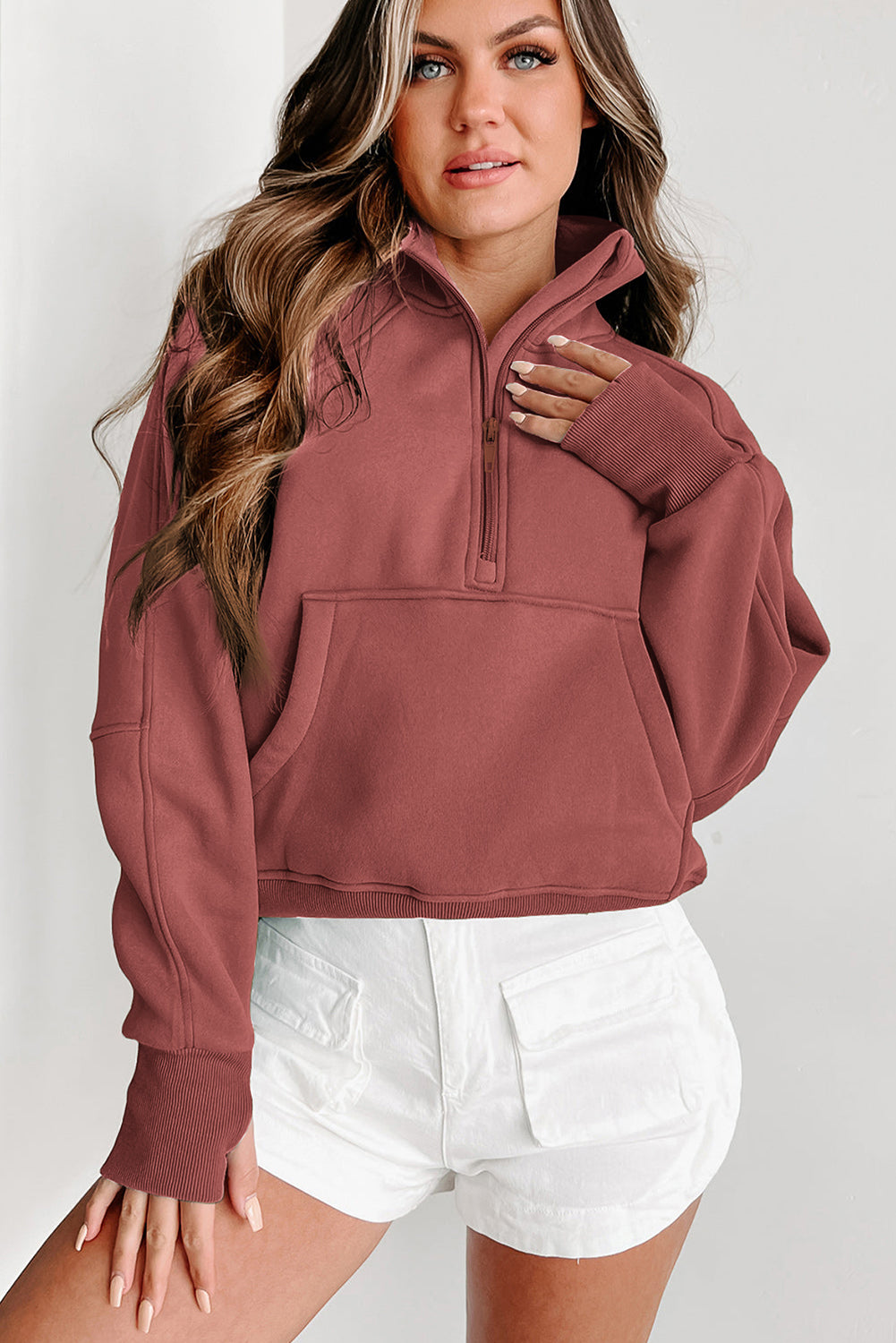 Brown Zip Up Stand Collar Thumbhole Sleeve Sweatshirt - Cowaa