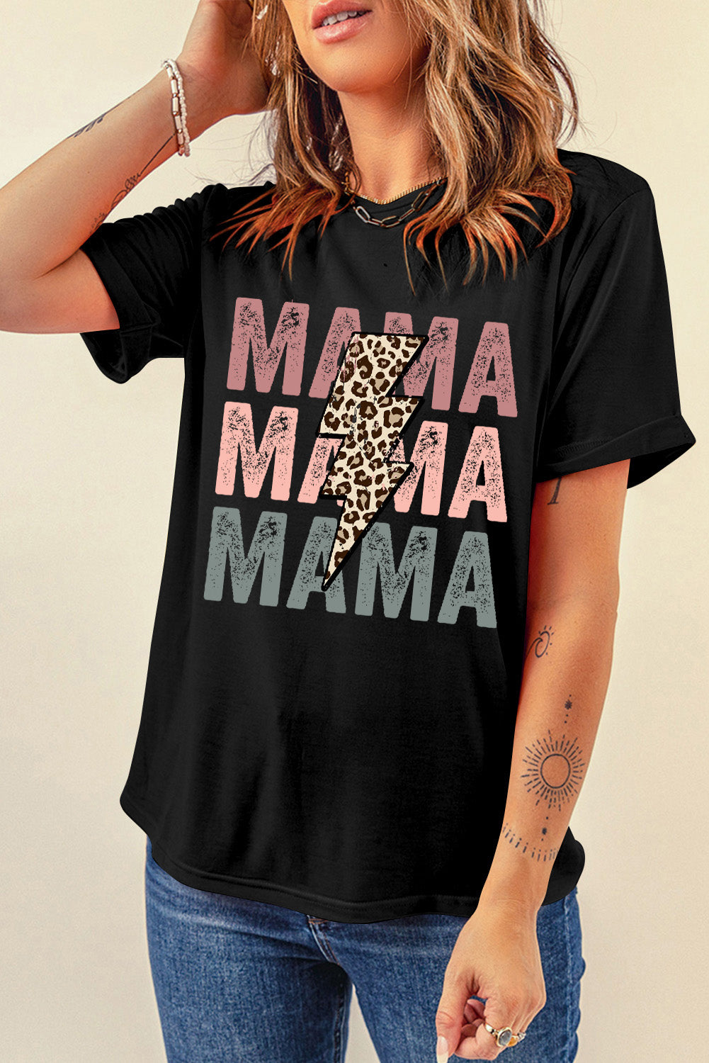 Black Leopard Lightning MAMA Letter Print Graphic Tee - Cowaa