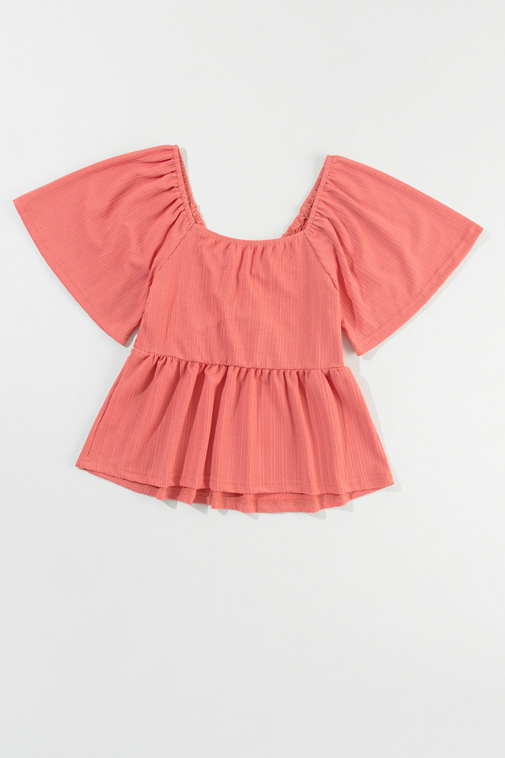 Oatmeal Shirred V Neck Short Flutter Sleeve Textured Blouse - Cowaa