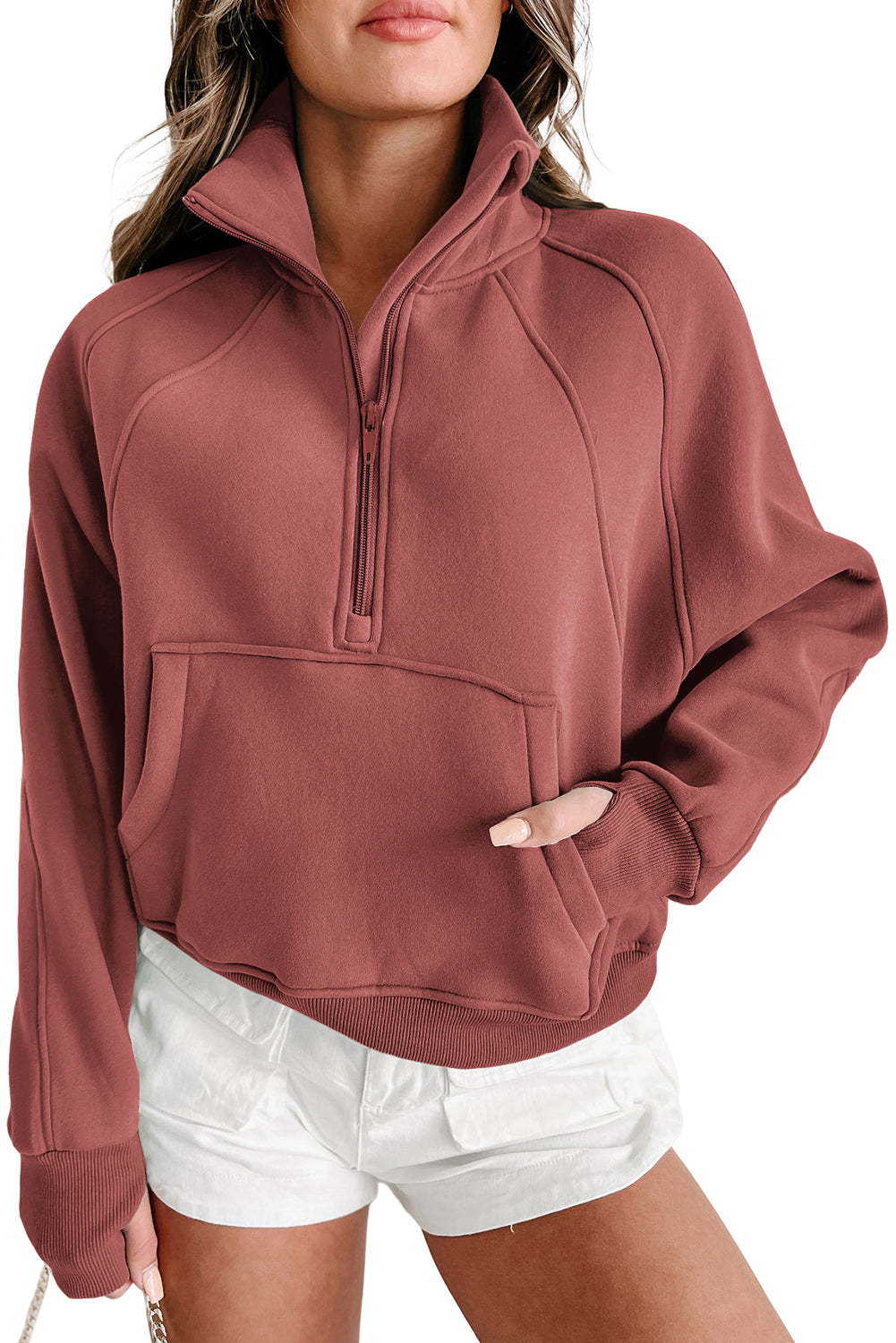 Brown Zip Up Stand Collar Thumbhole Sleeve Sweatshirt - Cowaa