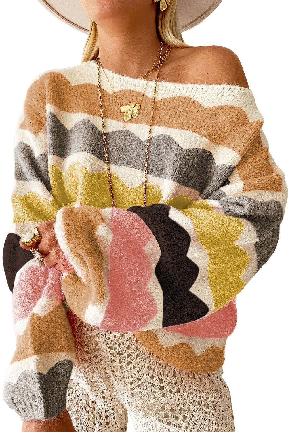 Dark Blue Wave Striped Balloon Sleeve Drop Shoulder Sweater - Cowaa