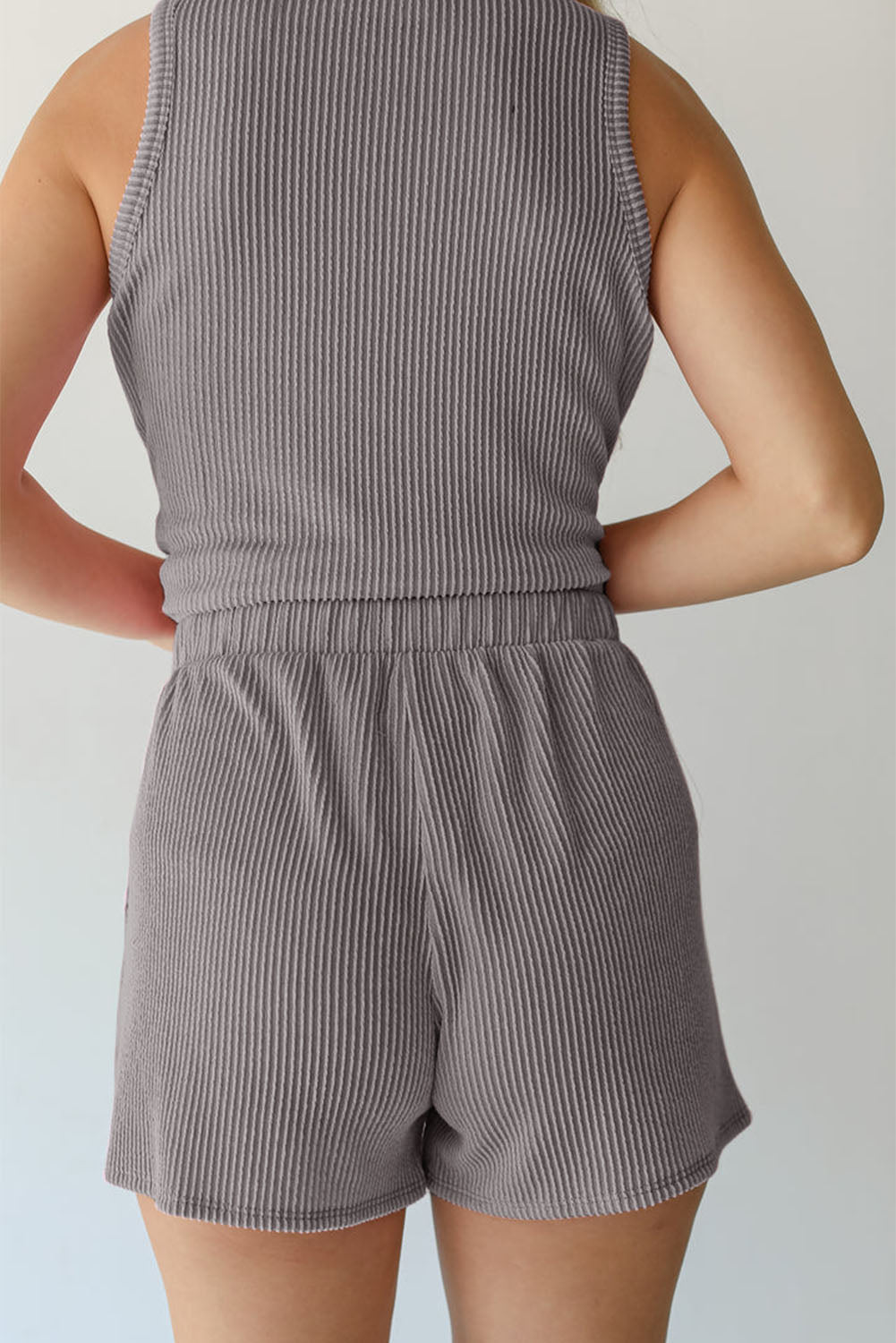 Medium Grey Corded Sleeveless Top and Pocketed Shorts Set - Cowaa