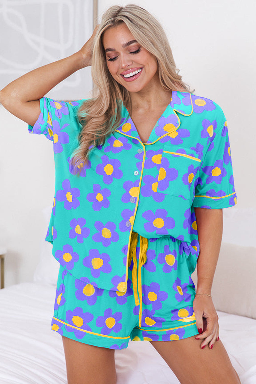 Green Flower Print Buttoned Shirt and Drawstring Waist Pajama Set - Cowaa