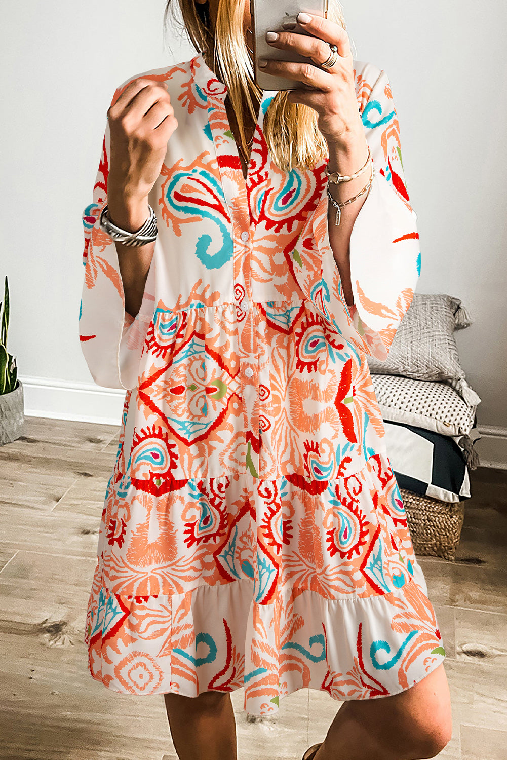 White Ethnic Print Boho Button Tiered Mini Dress - Cowaa