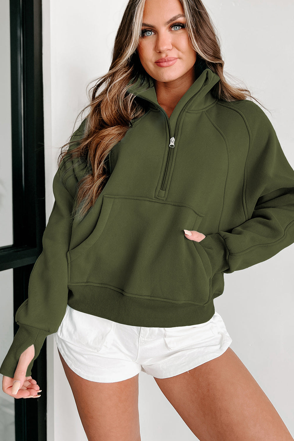 Brown Zip Up Stand Collar Thumbhole Sleeve Sweatshirt - Cowaa