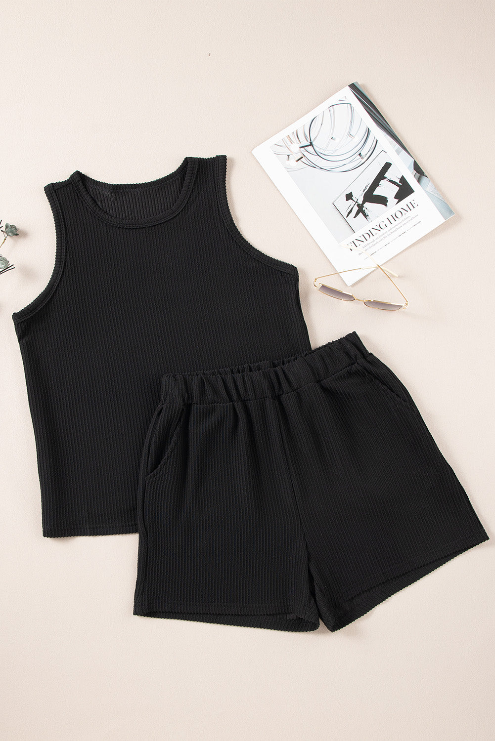 Medium Grey Corded Sleeveless Top and Pocketed Shorts Set - Cowaa