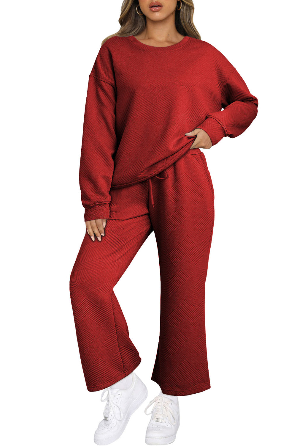 Strawberry Pink Textured Loose Slouchy Long Sleeve Top and Pants Set - Cowaa