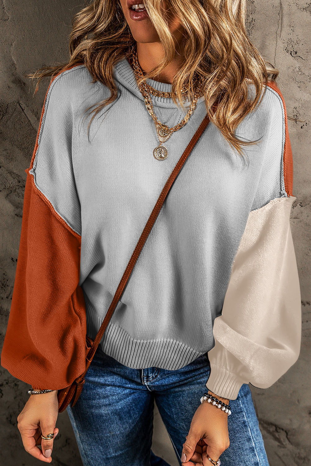 Bishop Sleeve Exposed Seam Ribbed Trim Sweater - Cowaa