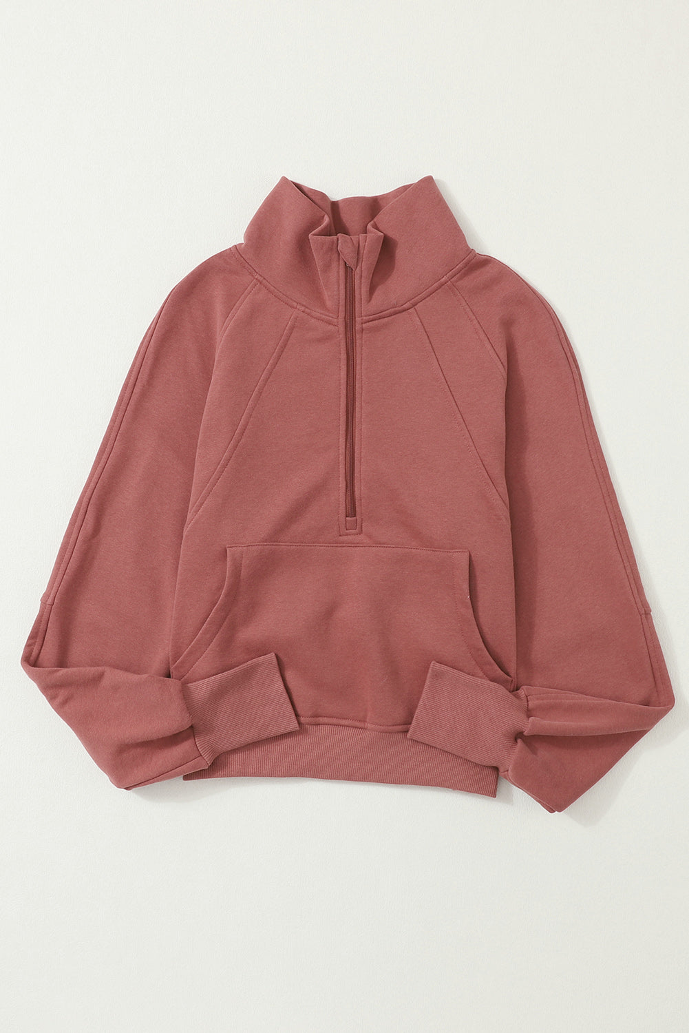 Brown Zip Up Stand Collar Thumbhole Sleeve Sweatshirt - Cowaa