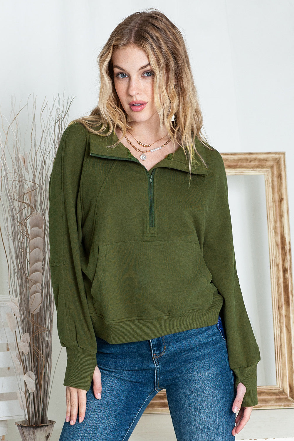 Brown Zip Up Stand Collar Thumbhole Sleeve Sweatshirt - Cowaa