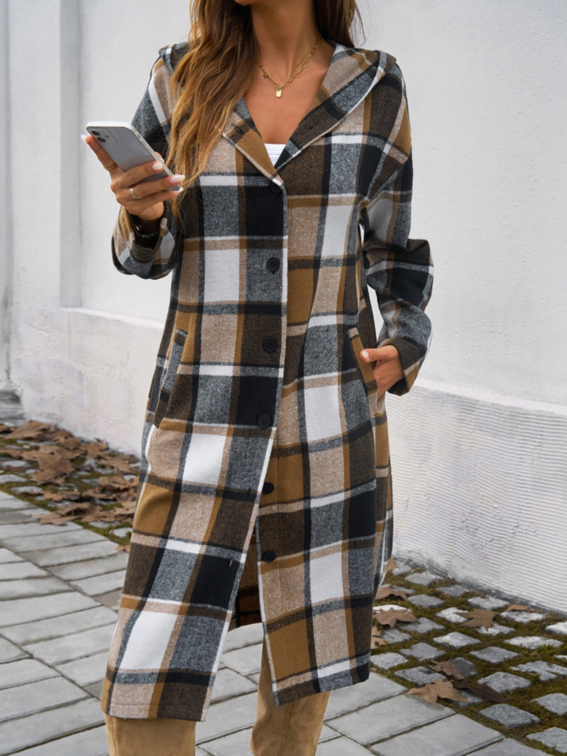 Devine Plaid Long Sleeve Hooded Coat - Cowaa