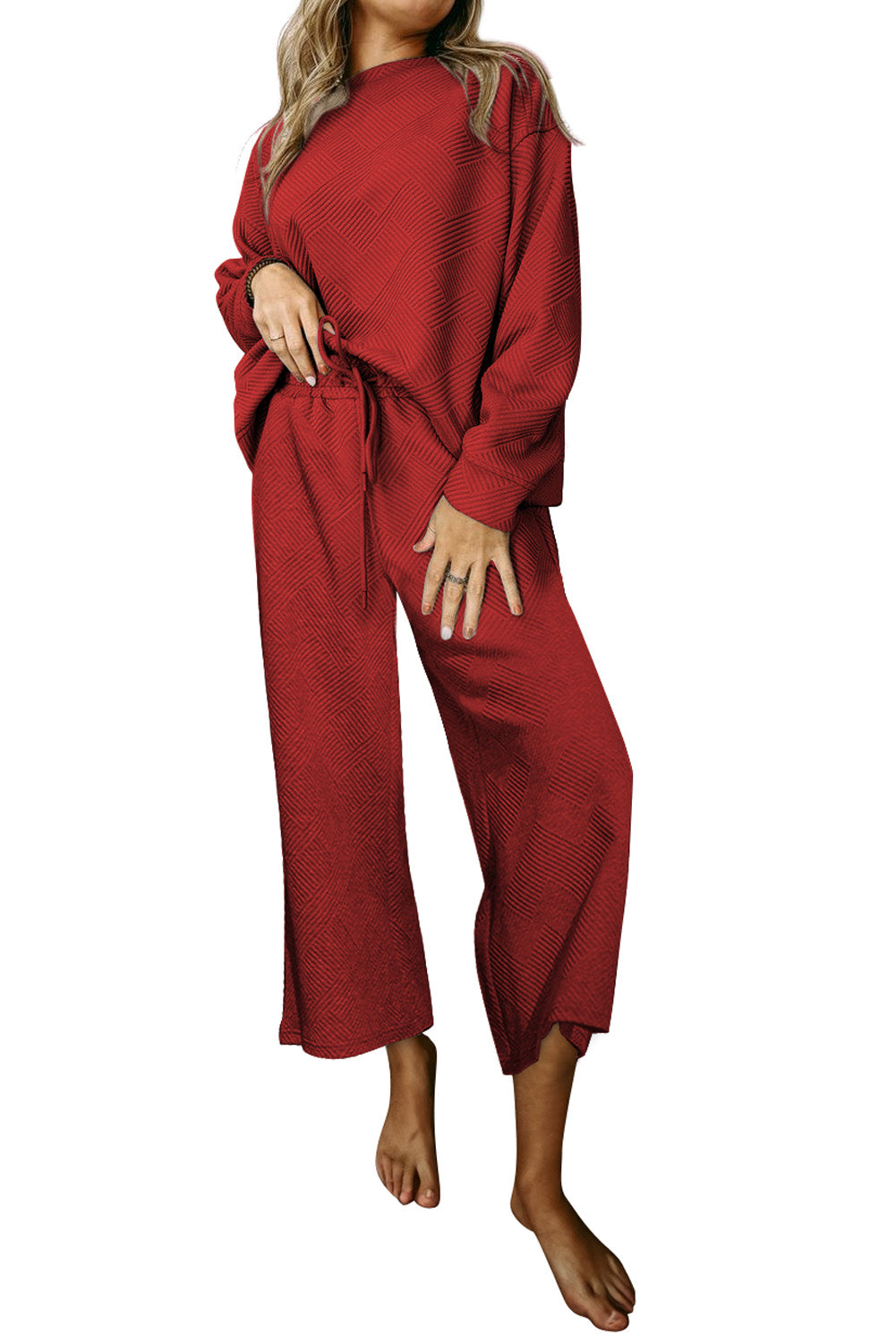 Strawberry Pink Textured Loose Slouchy Long Sleeve Top and Pants Set - Cowaa