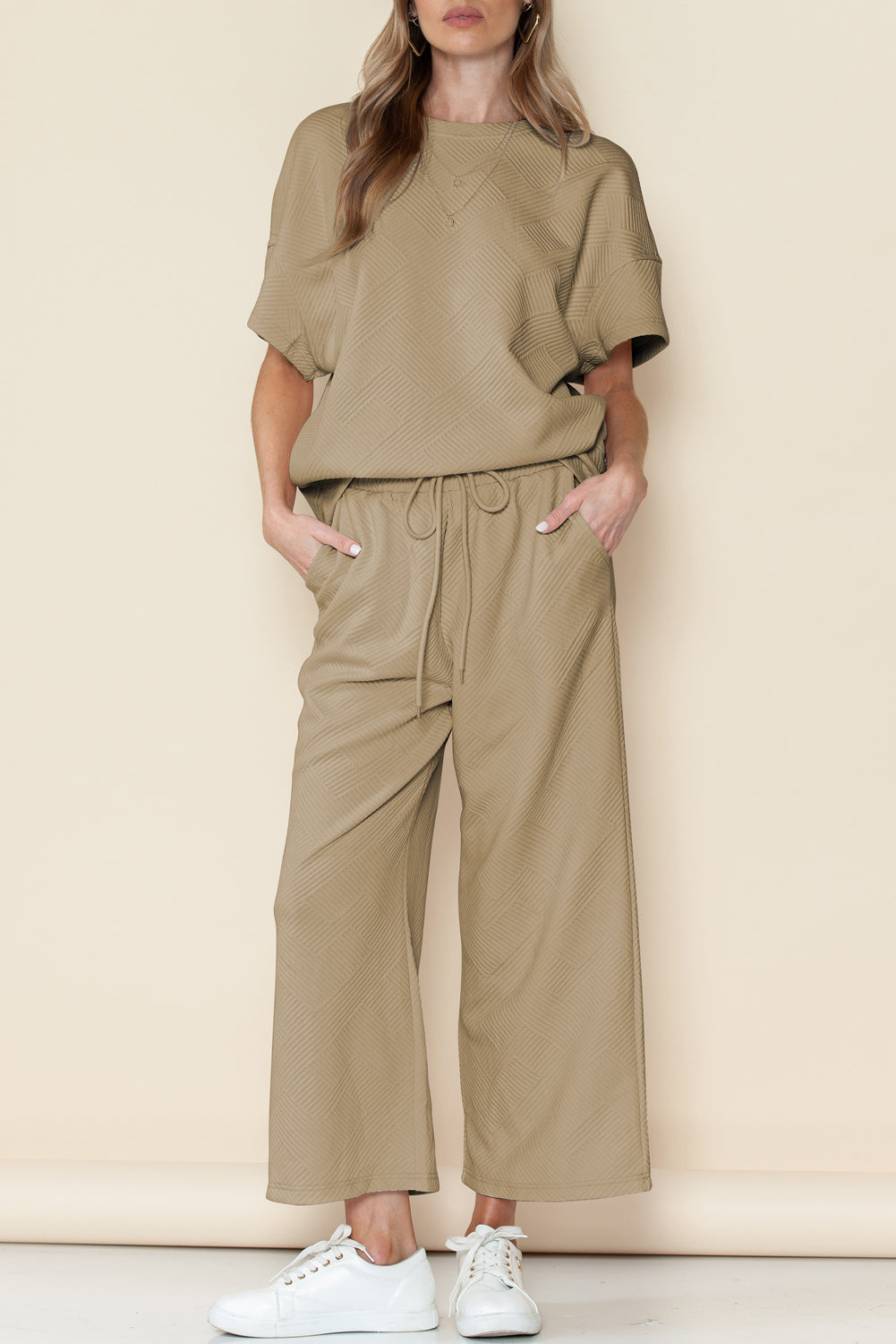 Navy Blue Textured Loose Fit T Shirt and Drawstring Pants Set - Cowaa