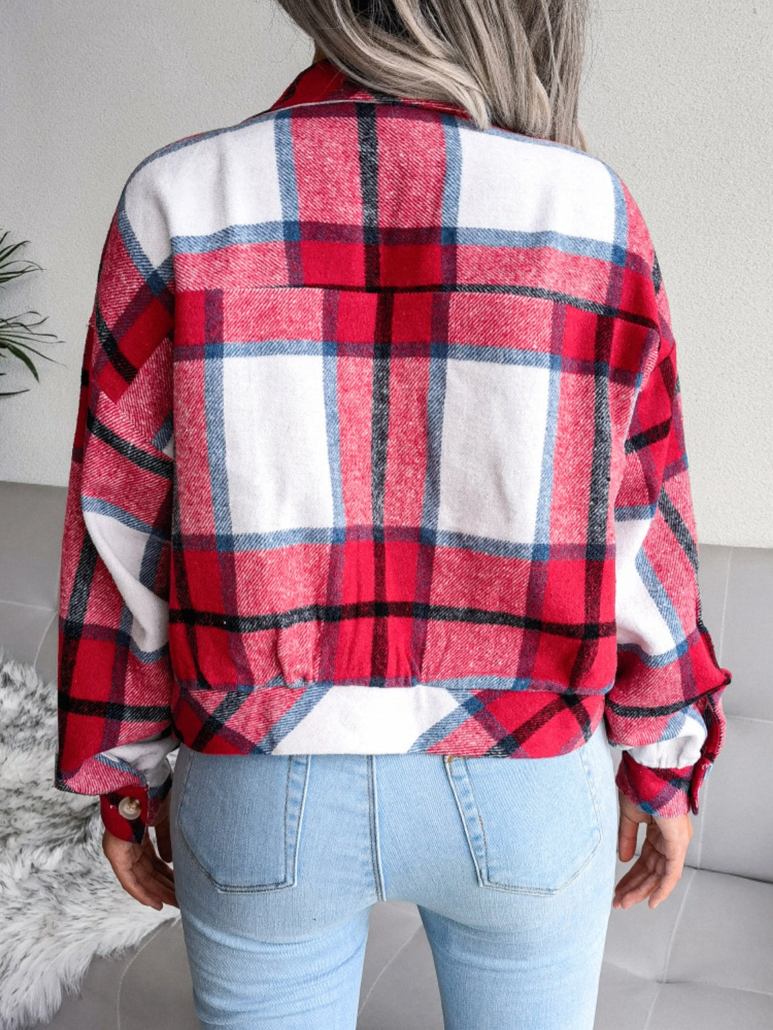Plaid Collared Neck Long Sleeve Jacket - Cowaa