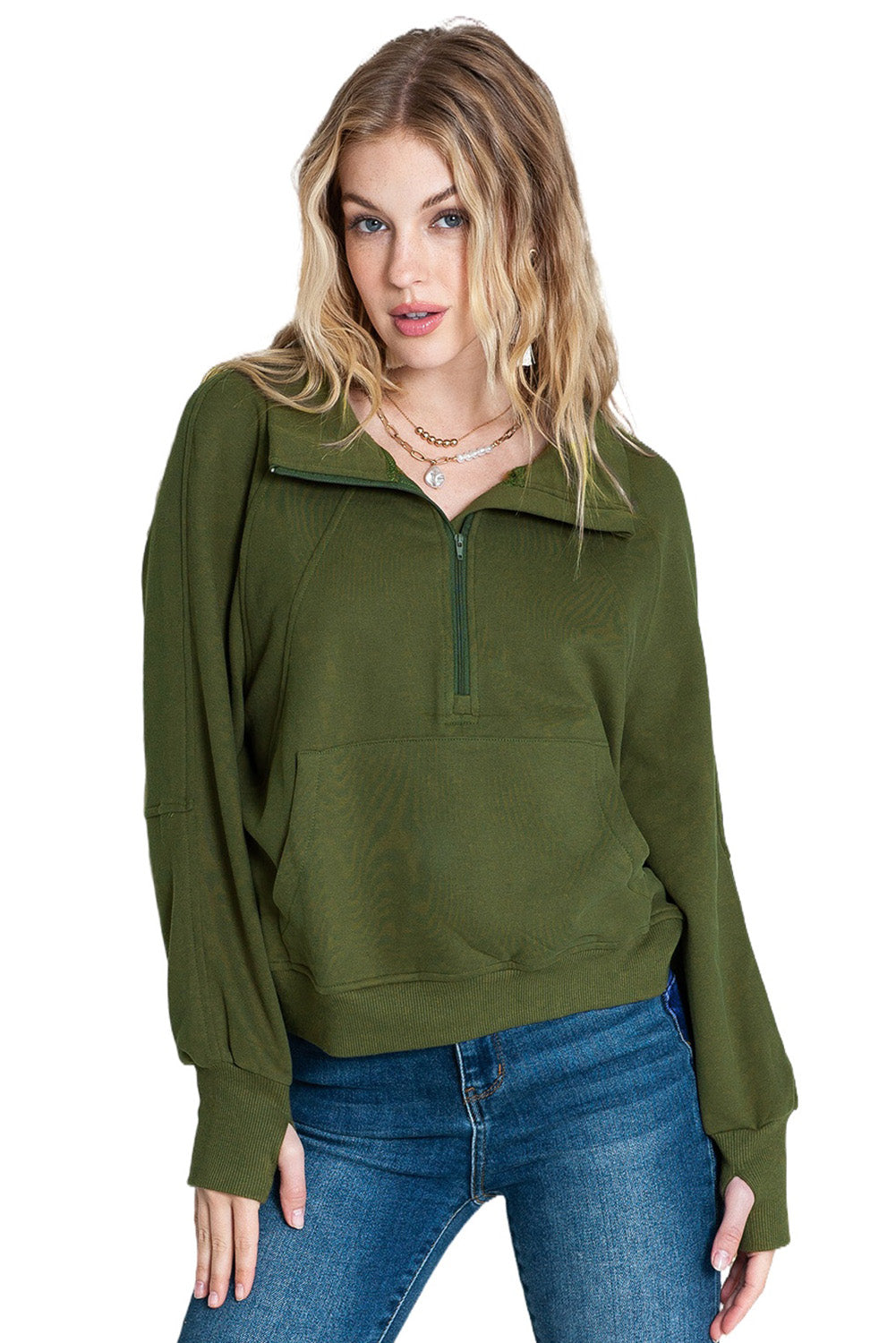 Brown Zip Up Stand Collar Thumbhole Sleeve Sweatshirt - Cowaa
