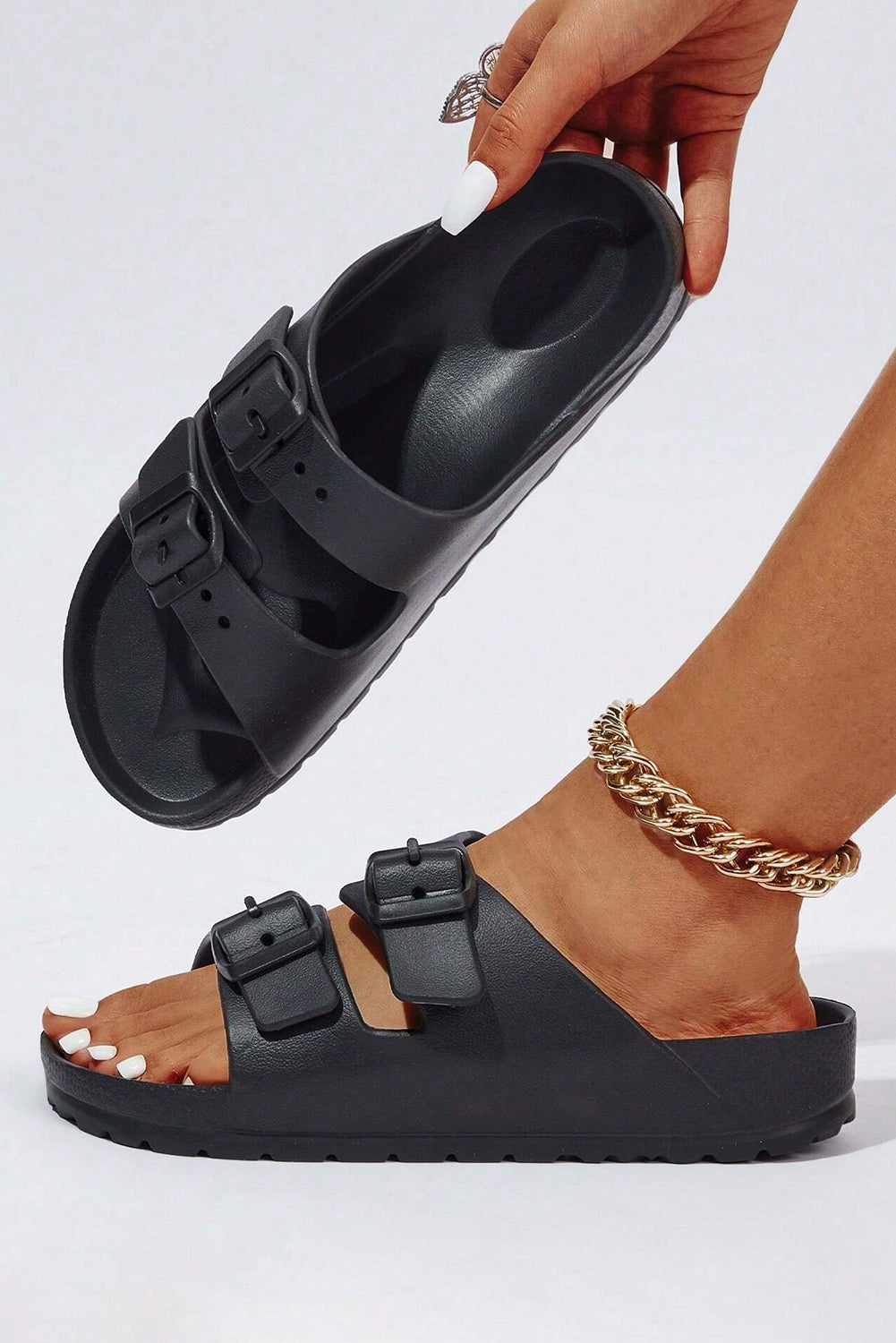 Double Buckle Strap Flat Sandels - Cowaa