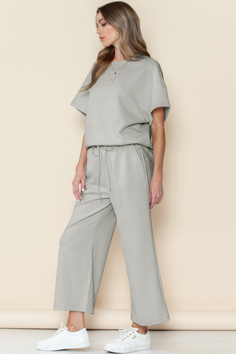Navy Blue Textured Loose Fit T Shirt and Drawstring Pants Set - Cowaa