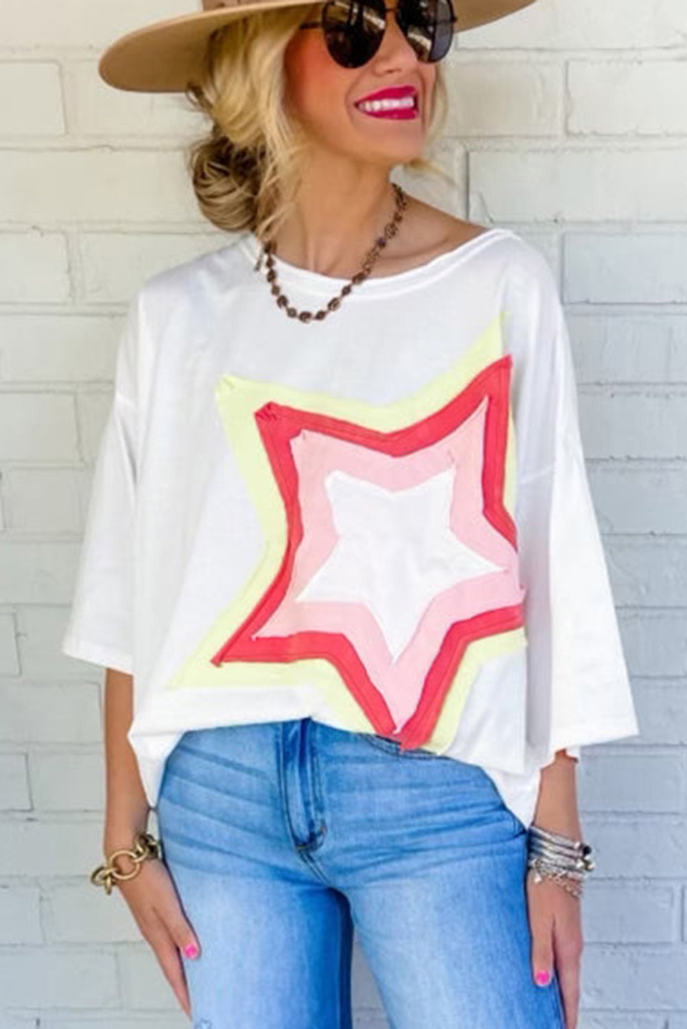 White Colorblock Star Patched Half Sleeve Oversized Tee - Cowaa