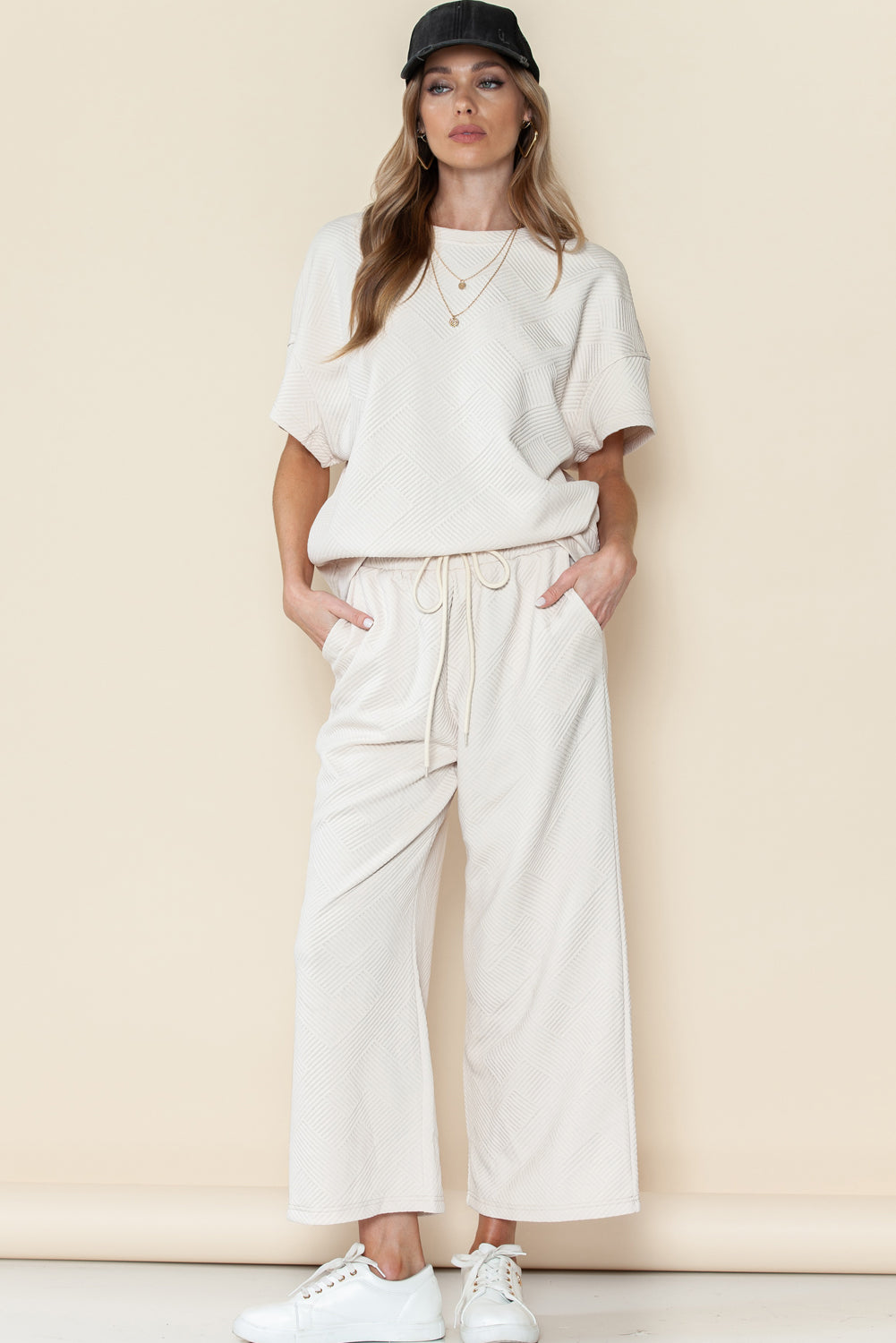 Navy Blue Textured Loose Fit T Shirt and Drawstring Pants Set - Cowaa