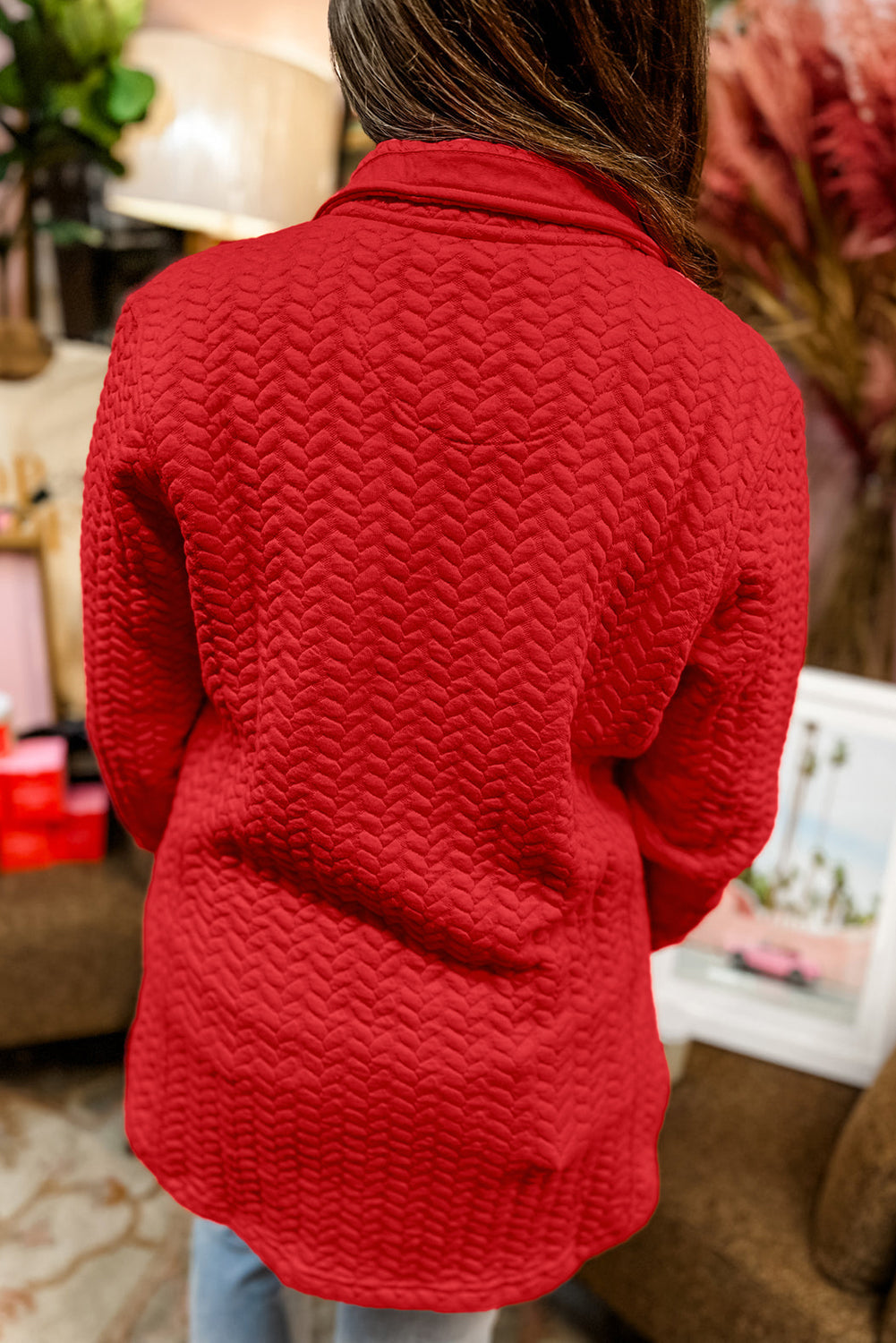 Tomato Red Cable Textured Quarter Zip Pocketed Plus Size Pullover - Cowaa