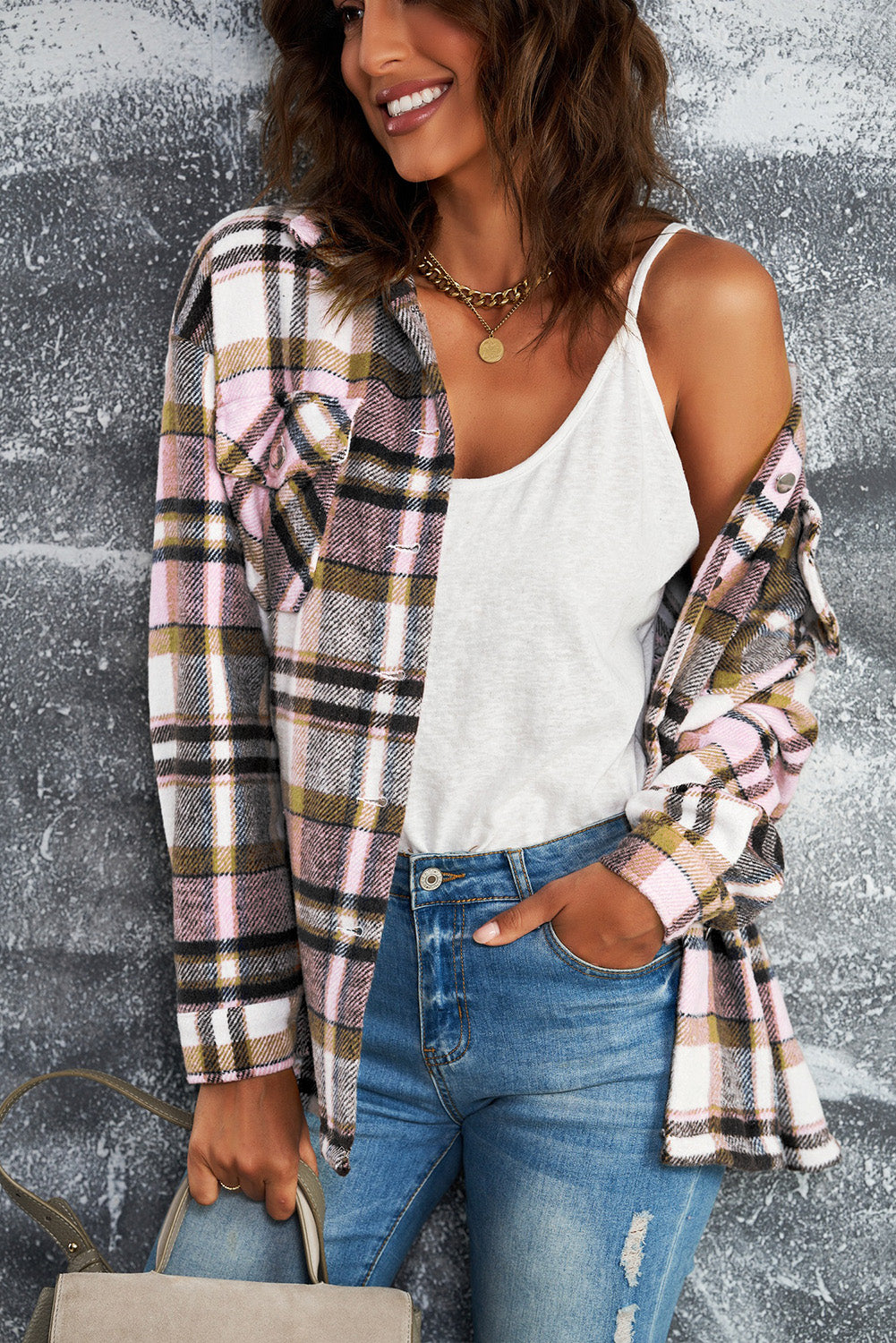 Plaid Button Front Pocket Shirt Shacket - Cowaa