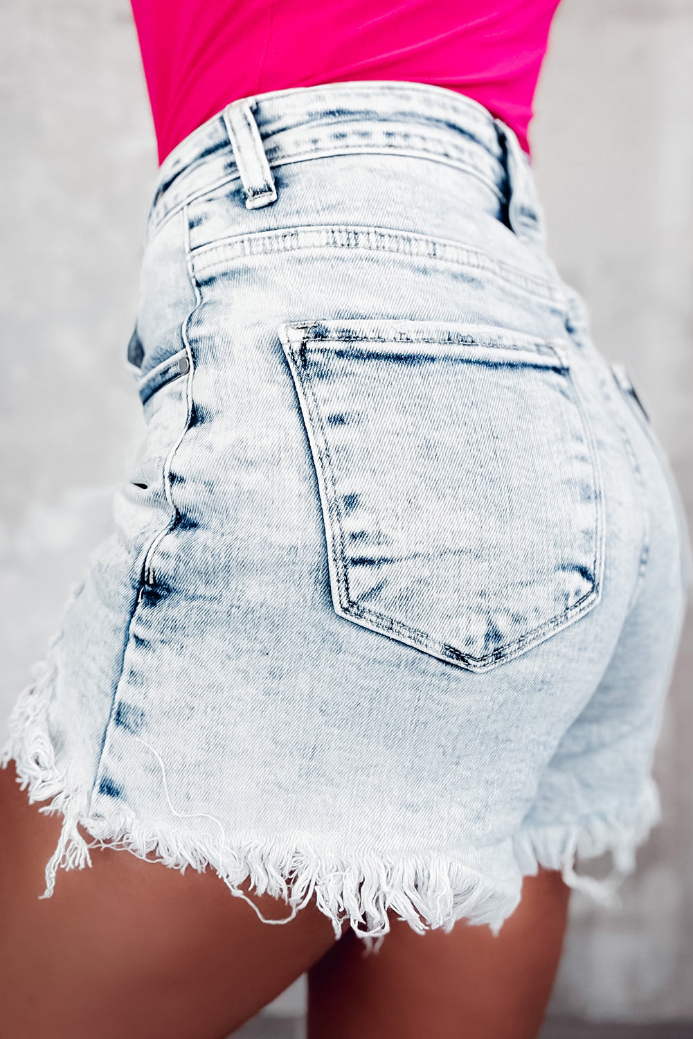 Light Blue Acid Wash Crossed Raw Edge Denim Shorts - Cowaa