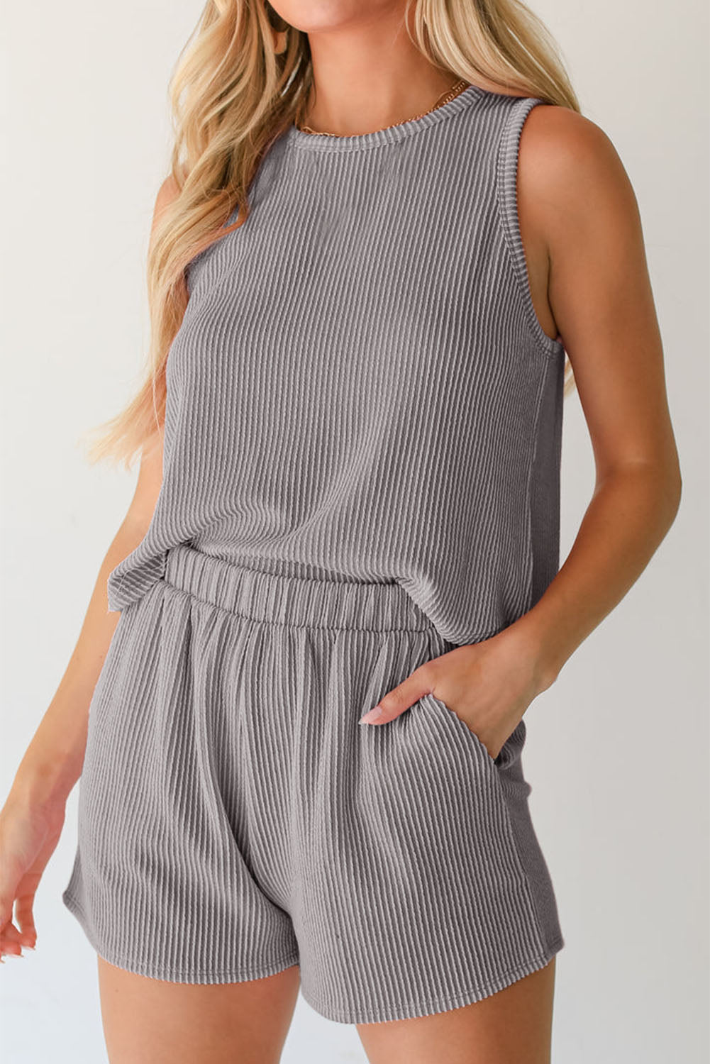 Medium Grey Corded Sleeveless Top and Pocketed Shorts Set - Cowaa
