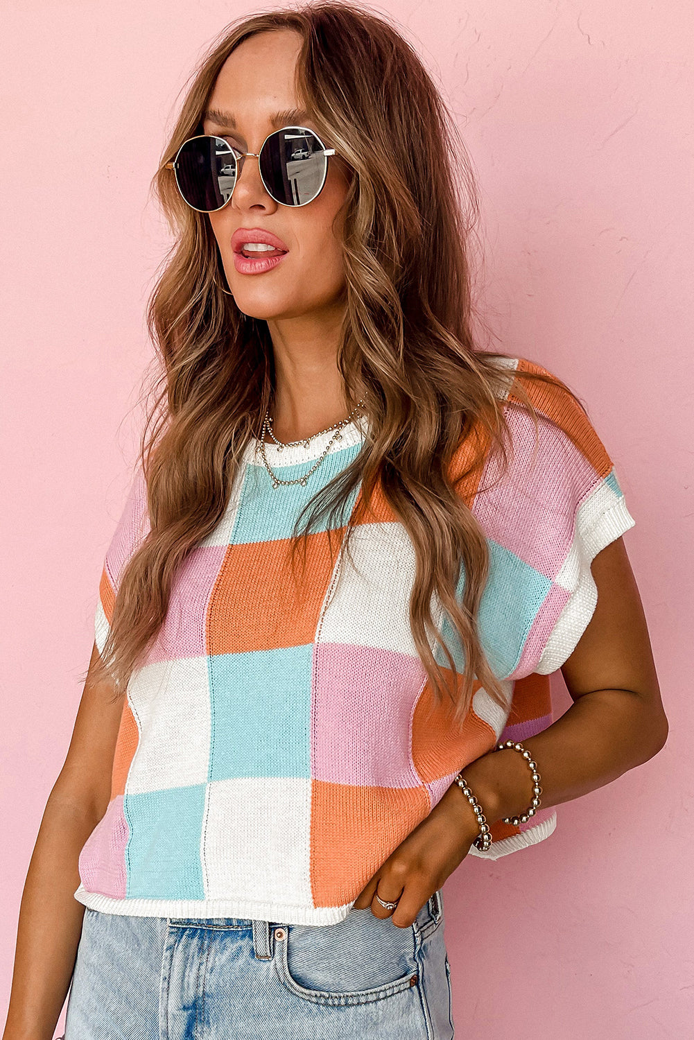 Fiery Red Checkered Color Block Cap Sleeve Knitted Top - Cowaa