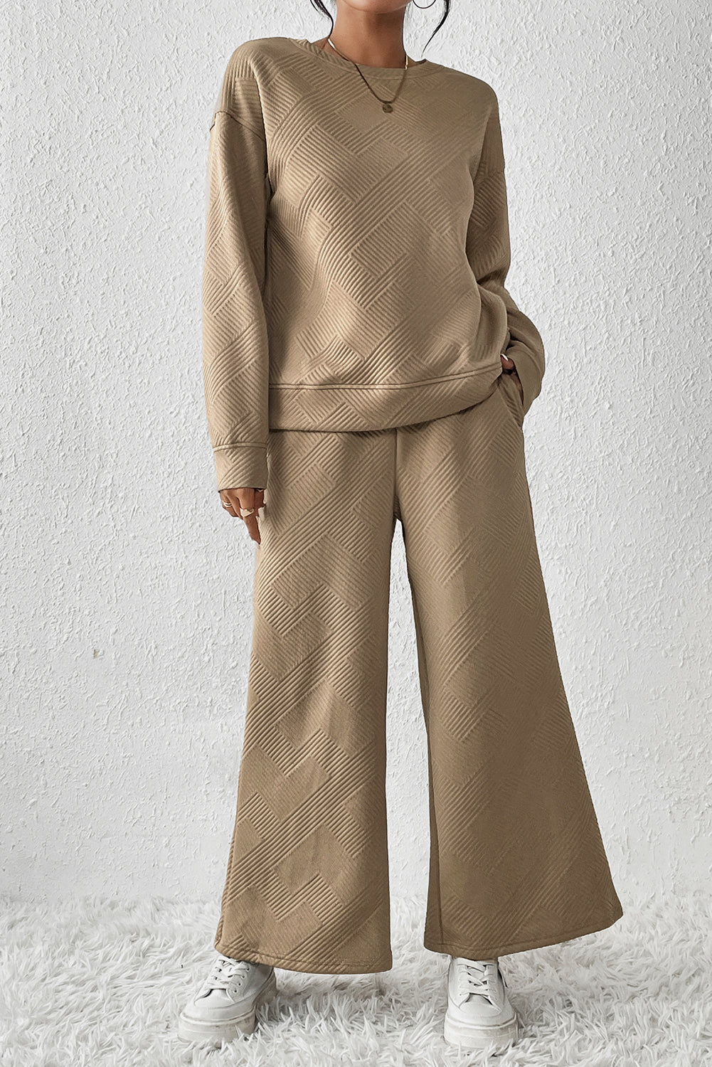 Strawberry Pink Textured Loose Slouchy Long Sleeve Top and Pants Set - Cowaa