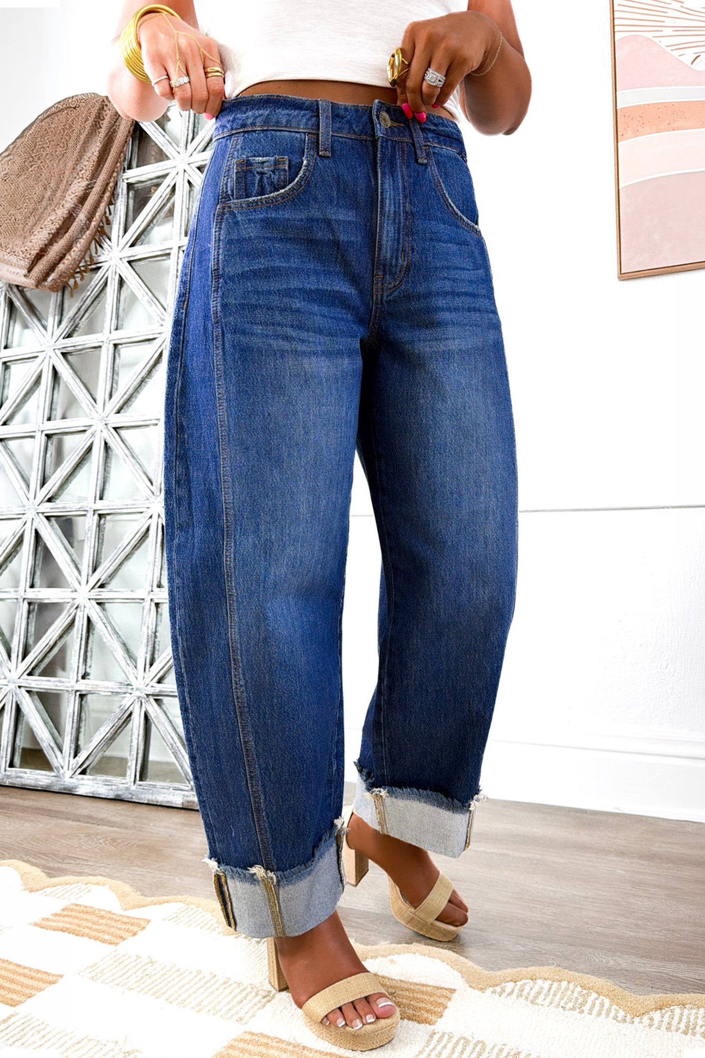 Myosotis Raw Hem Turnup Loose Ankle-length Jeans