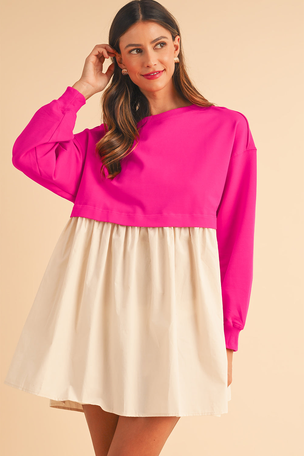 Khaki Sweatshirt 2-in-1 Flowy Pleated Mini Dress - Cowaa