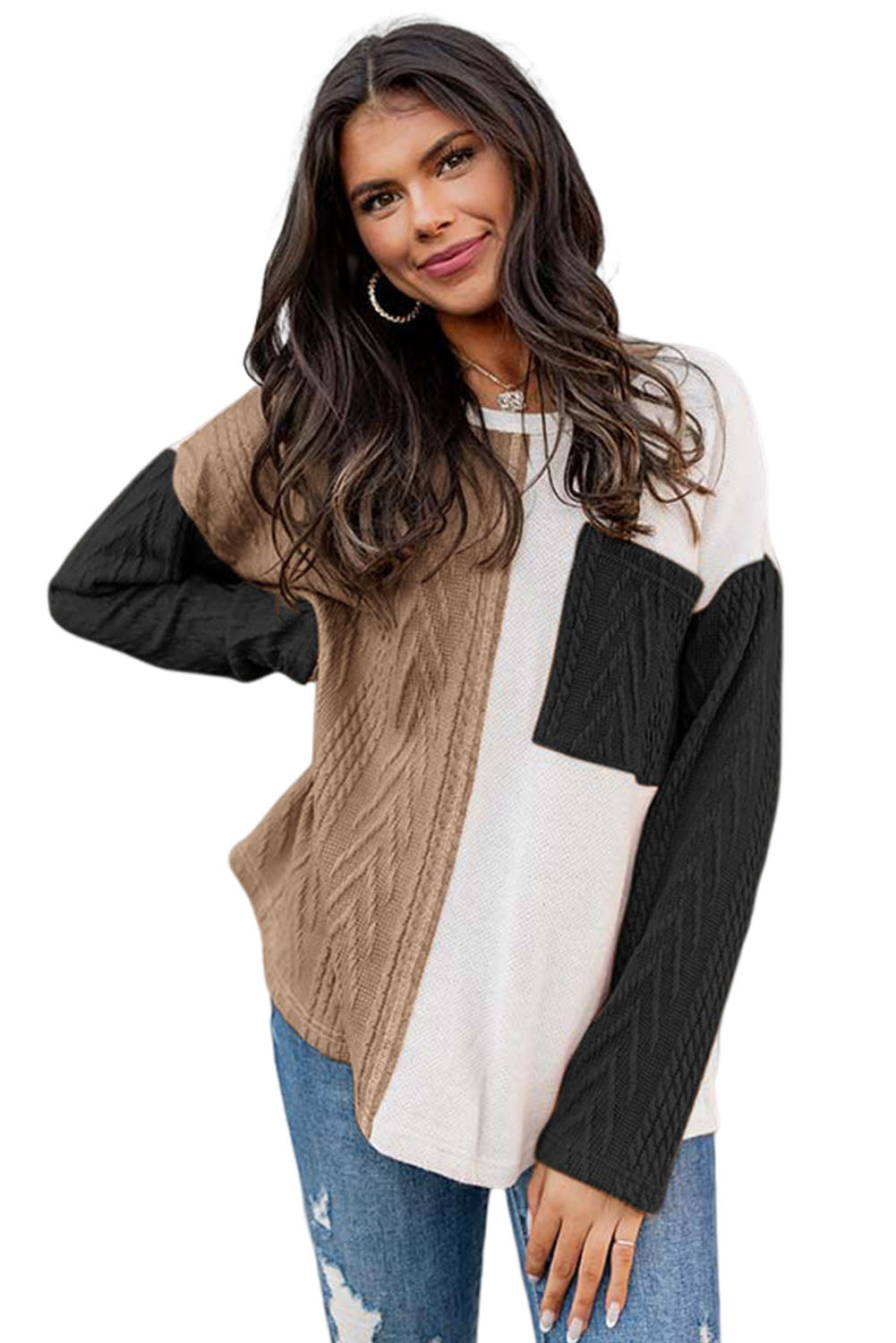 Long Sleeve Colorblock Chest Pocket Textured Knit Top - Cowaa