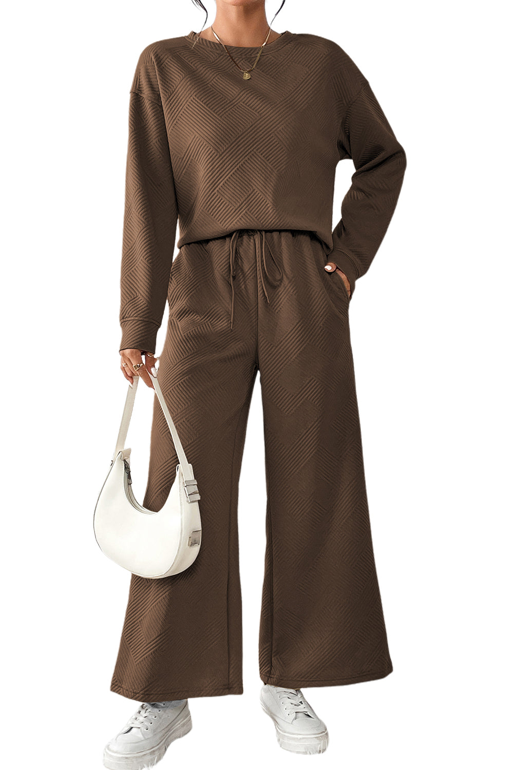 Strawberry Pink Textured Loose Slouchy Long Sleeve Top and Pants Set - Cowaa