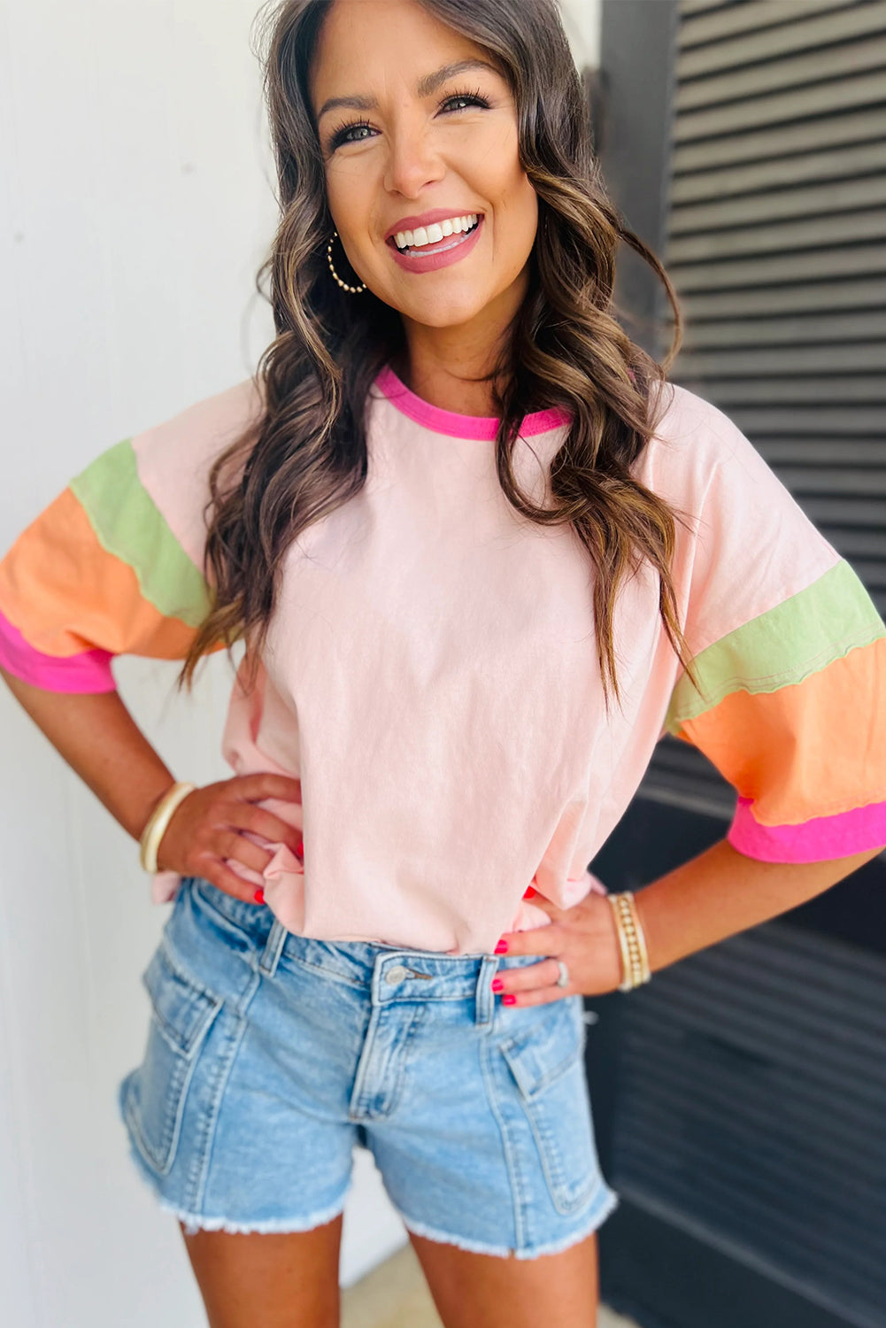 Green Color Block Sleeve Round Neck Oversize Top - Cowaa