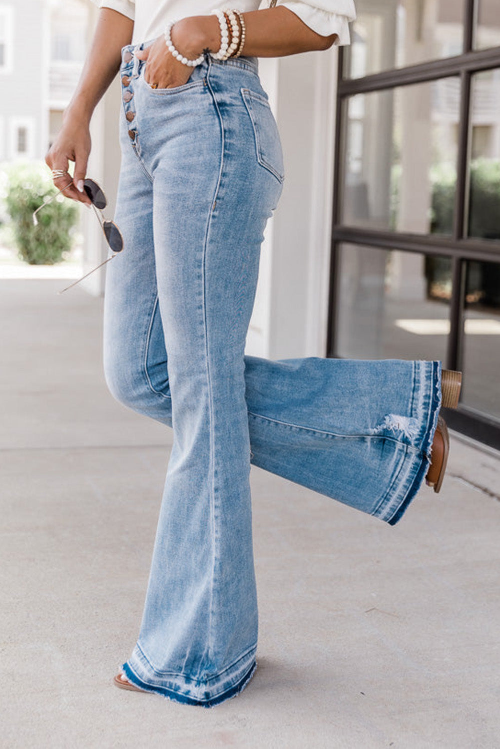 Blue Light Wash High Waisted Bell Bottom Jeans - Cowaa