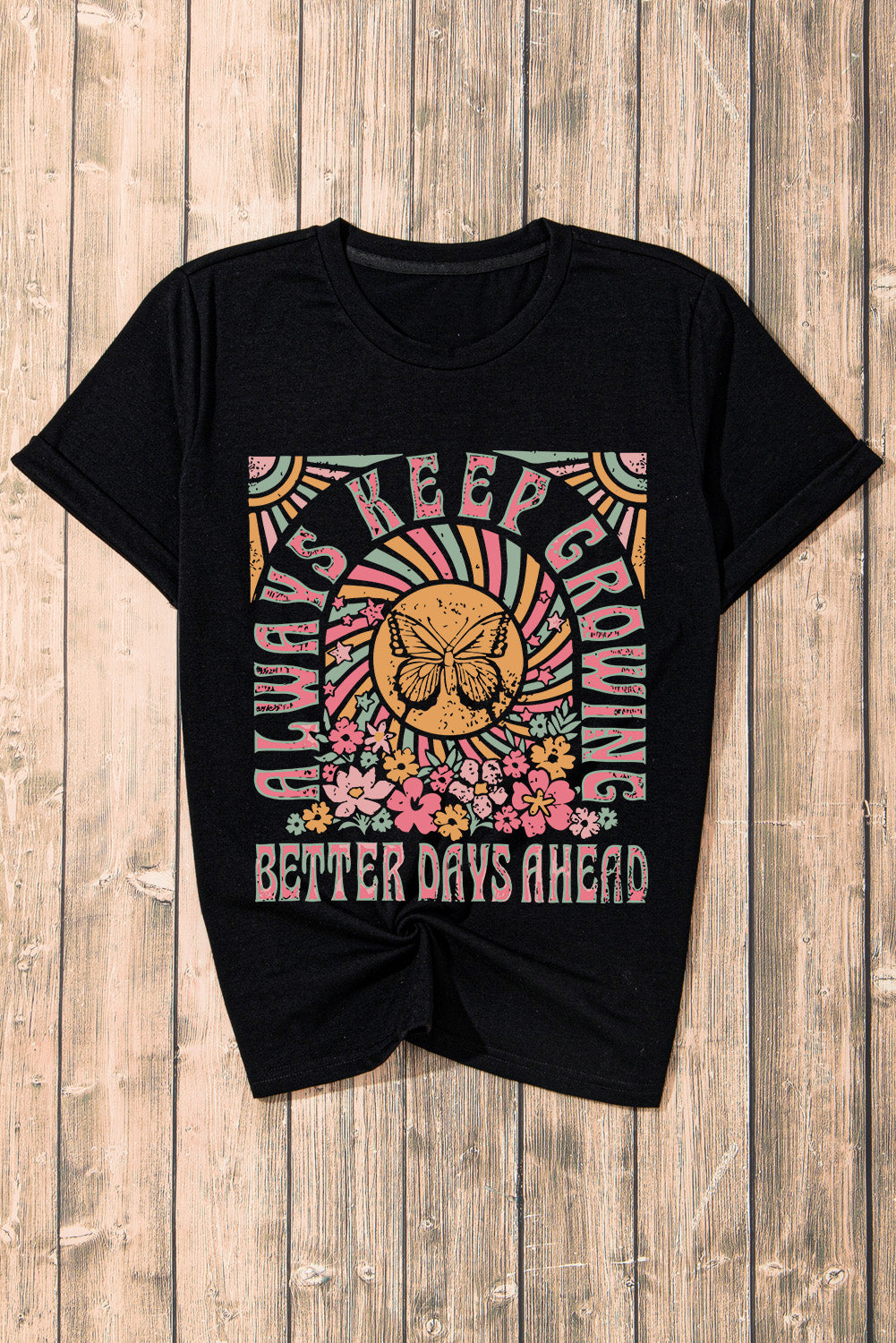 Black Always Keep Growing Butterfly Flower Graphic Tee - Cowaa