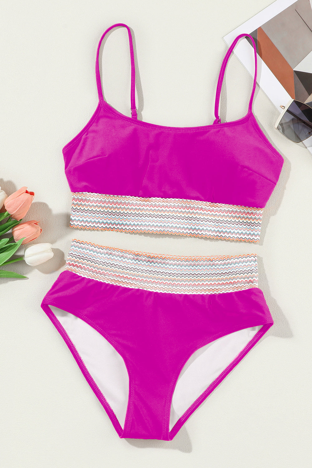 Black Striped Patchwork Spaghetti Strap High Waist Bikini Set - Cowaa
