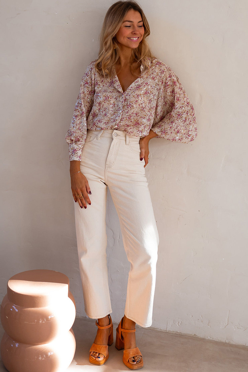 Pink Ditsy Floral Print Bishop Sleeve Collared V Neck Shirt - Cowaa