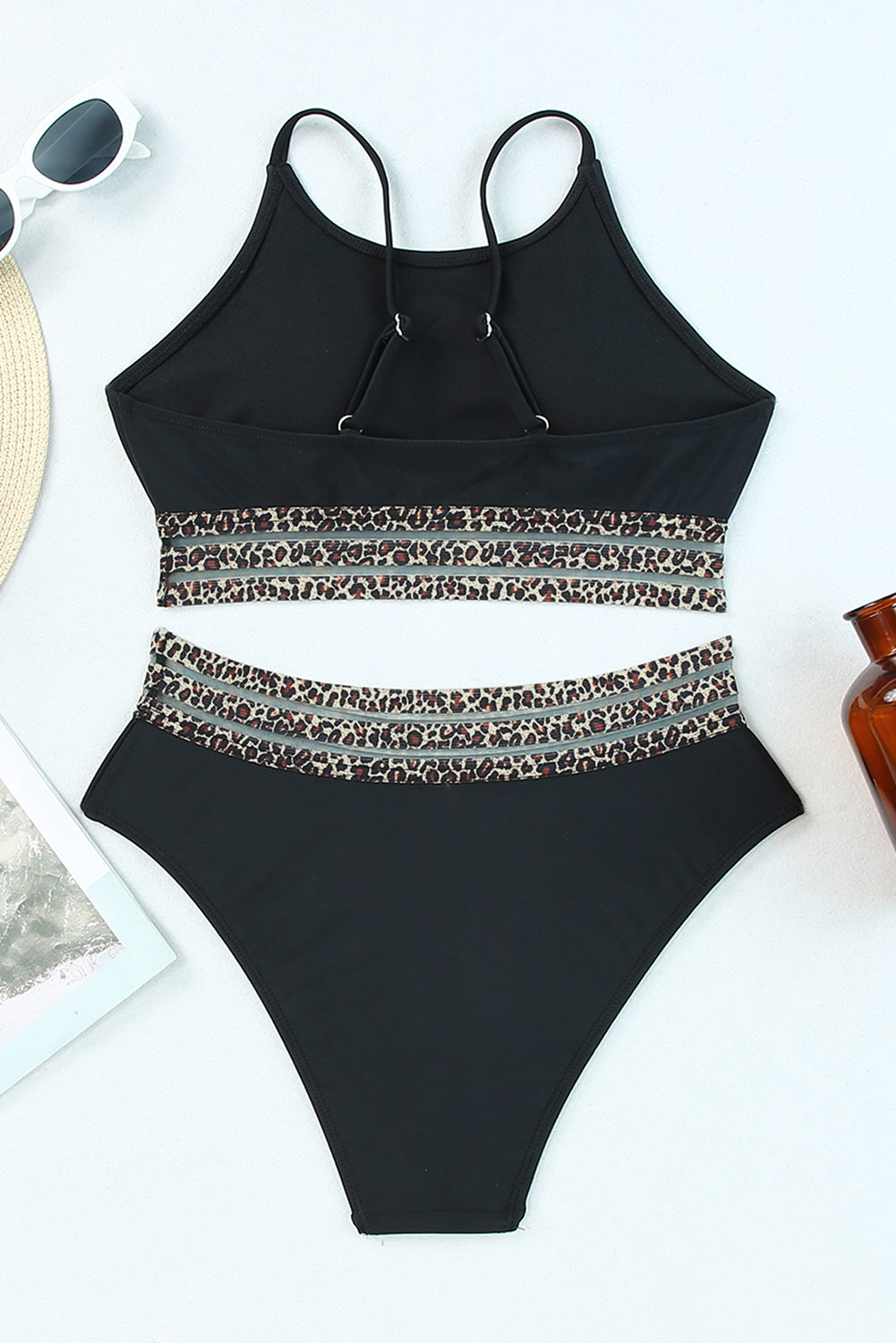 Black Leopard Print Spaghetti Strap Padded Wireless Two Piece Swimsuit - Cowaa