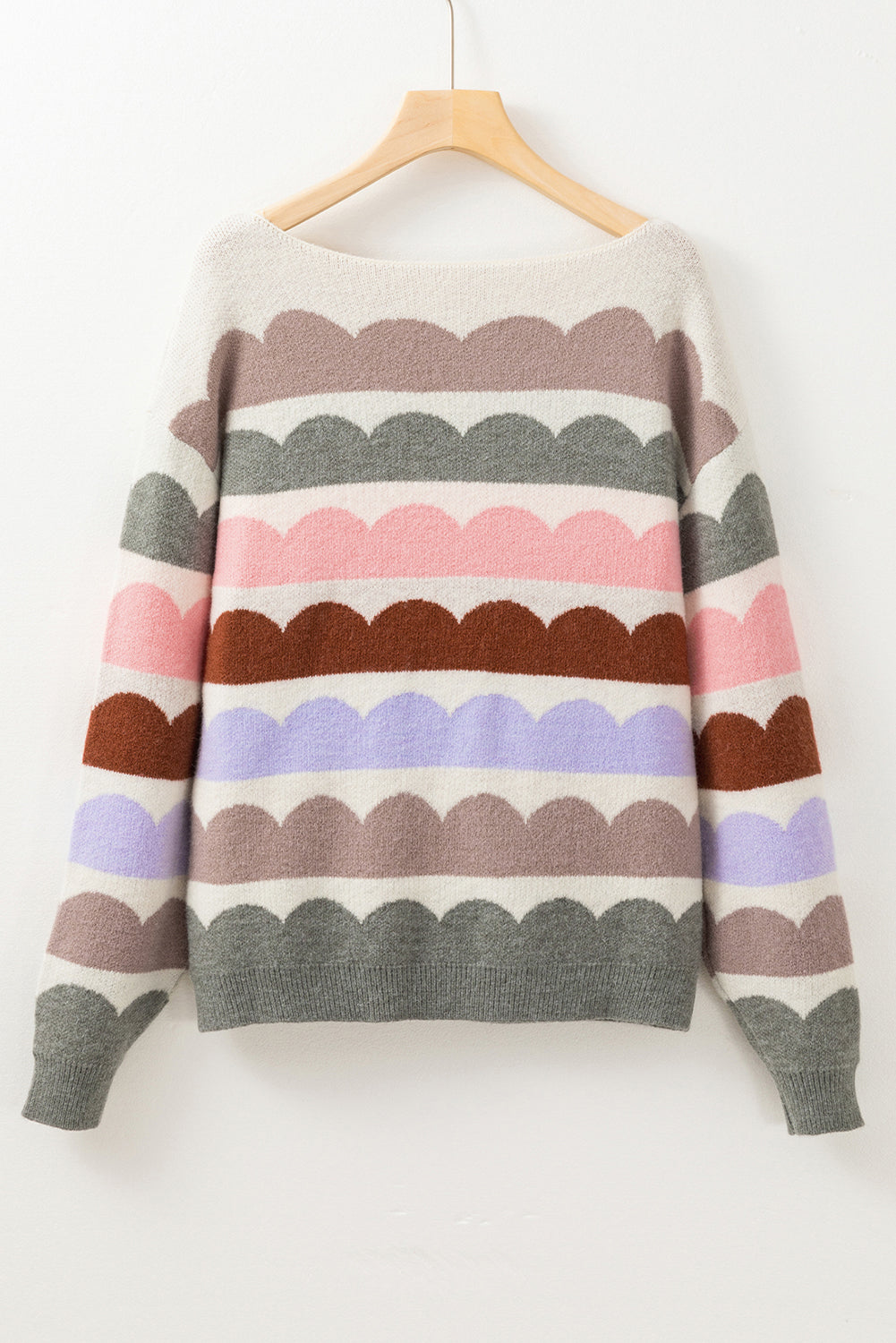 Dark Blue Wave Striped Balloon Sleeve Drop Shoulder Sweater - Cowaa