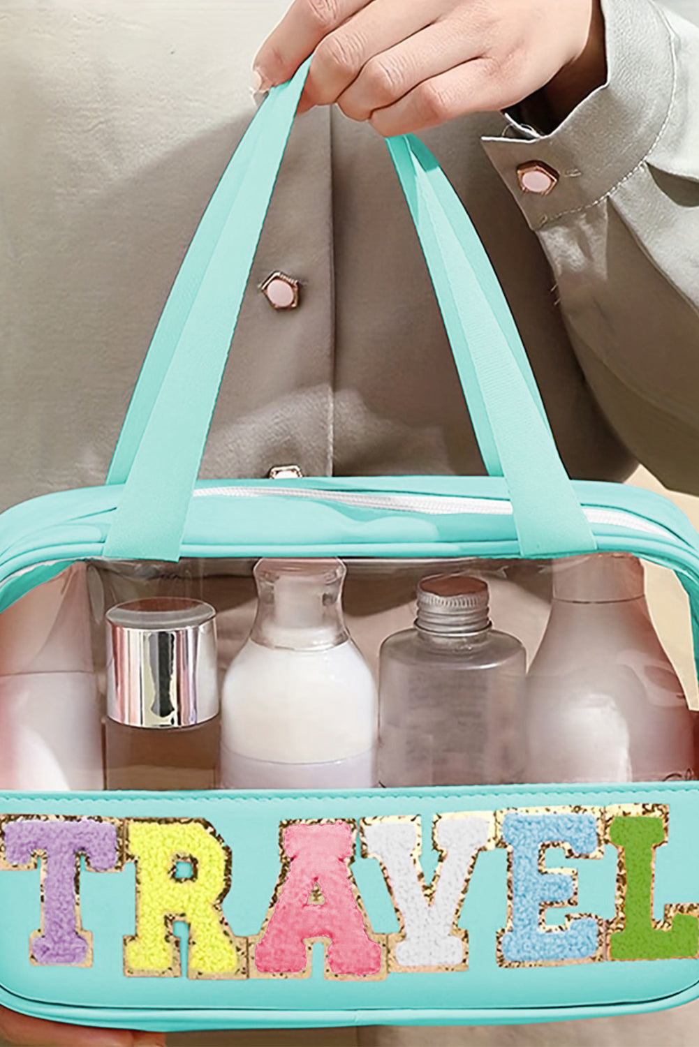 Travel Chenille Letter Clear PVC Makeup Bag - Cowaa