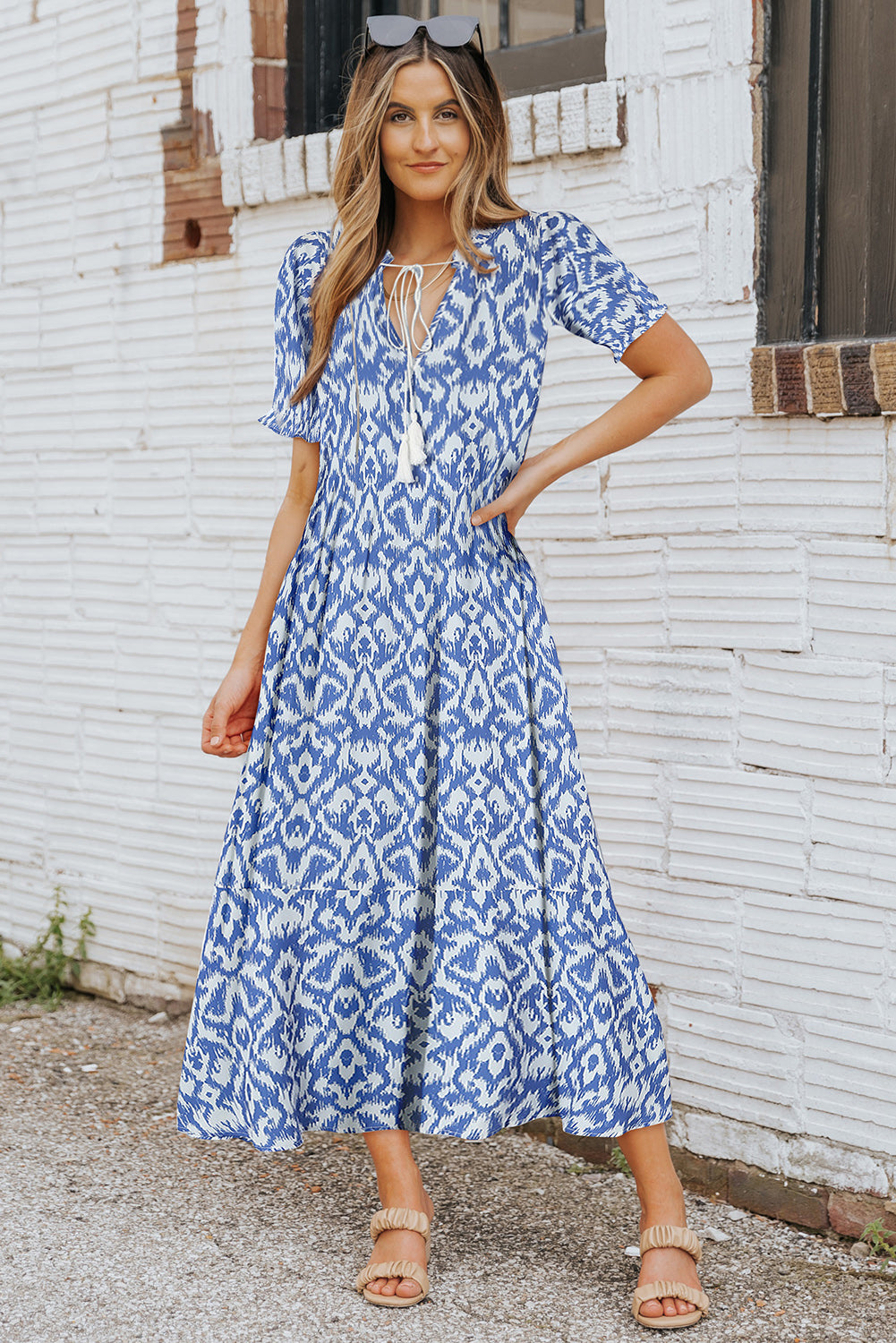 Sky Blue Geometric Print Casual V Neck Maxi Dress - Cowaa