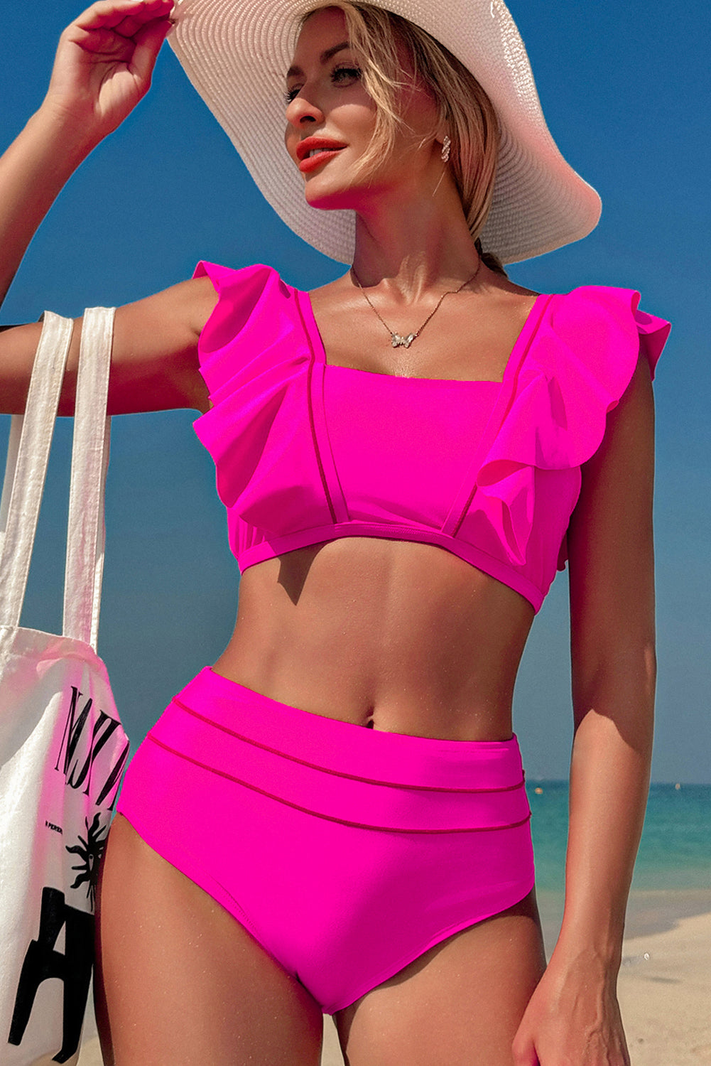 Bright Pink Tie Back Ruffled 2pcs Bikini Swimsuit
