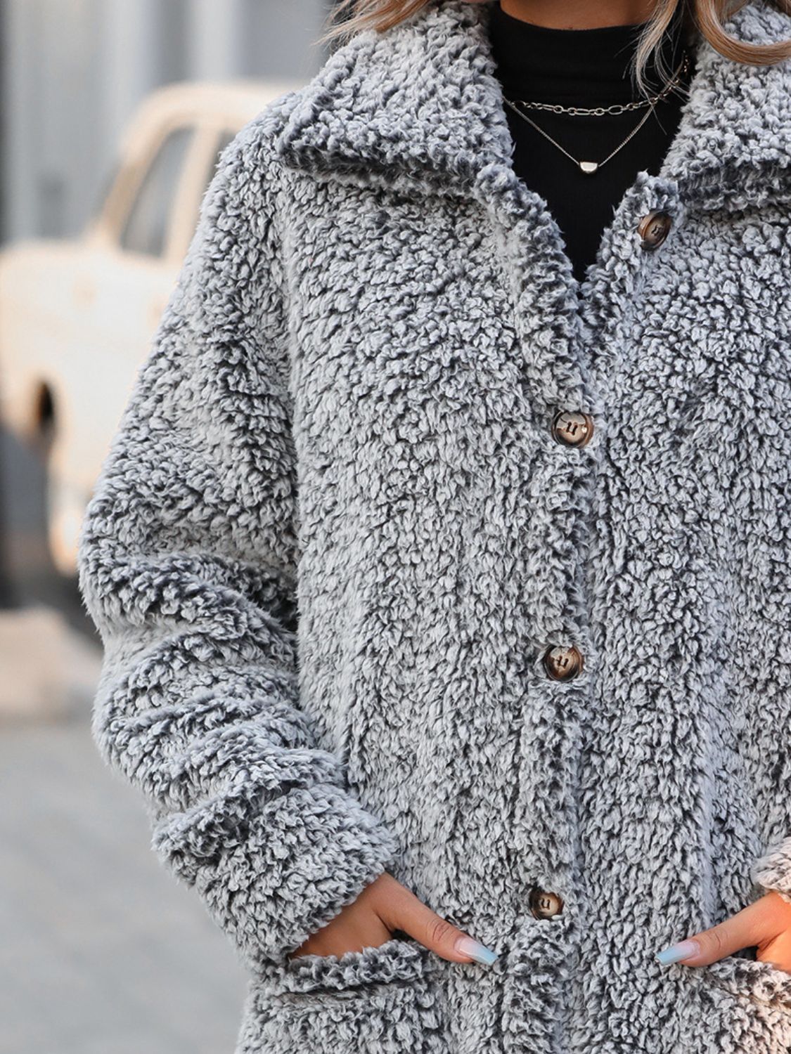 Pocketed Collared Neck Long Sleeve Plush Jacket - Cowaa