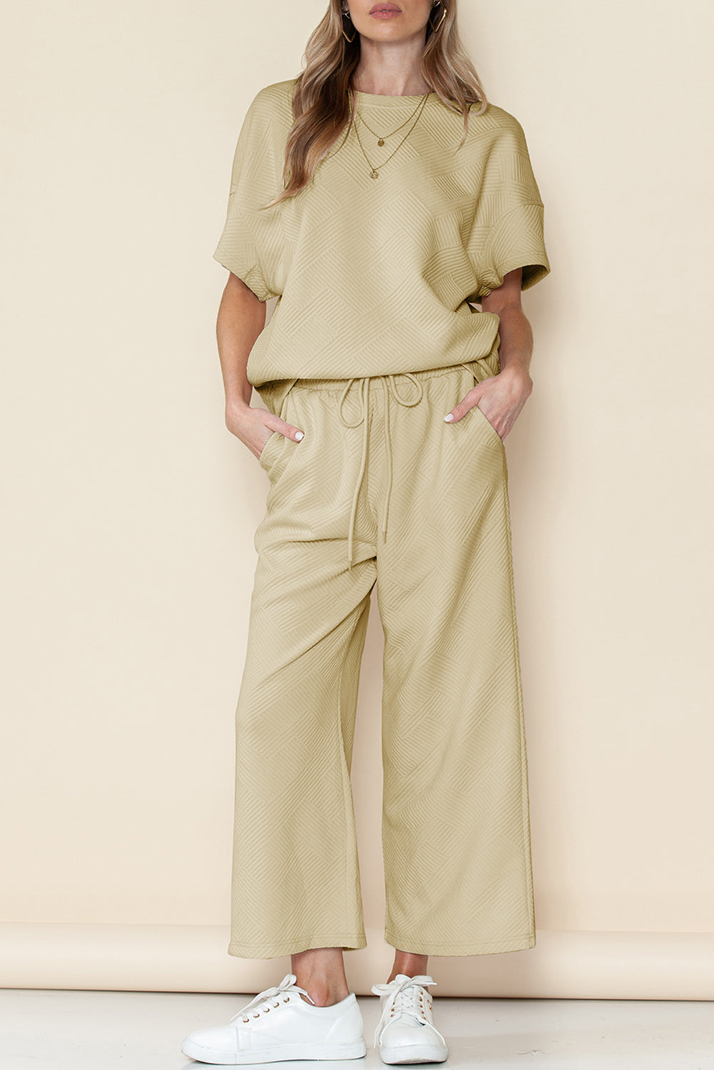 Navy Blue Textured Loose Fit T Shirt and Drawstring Pants Set - Cowaa