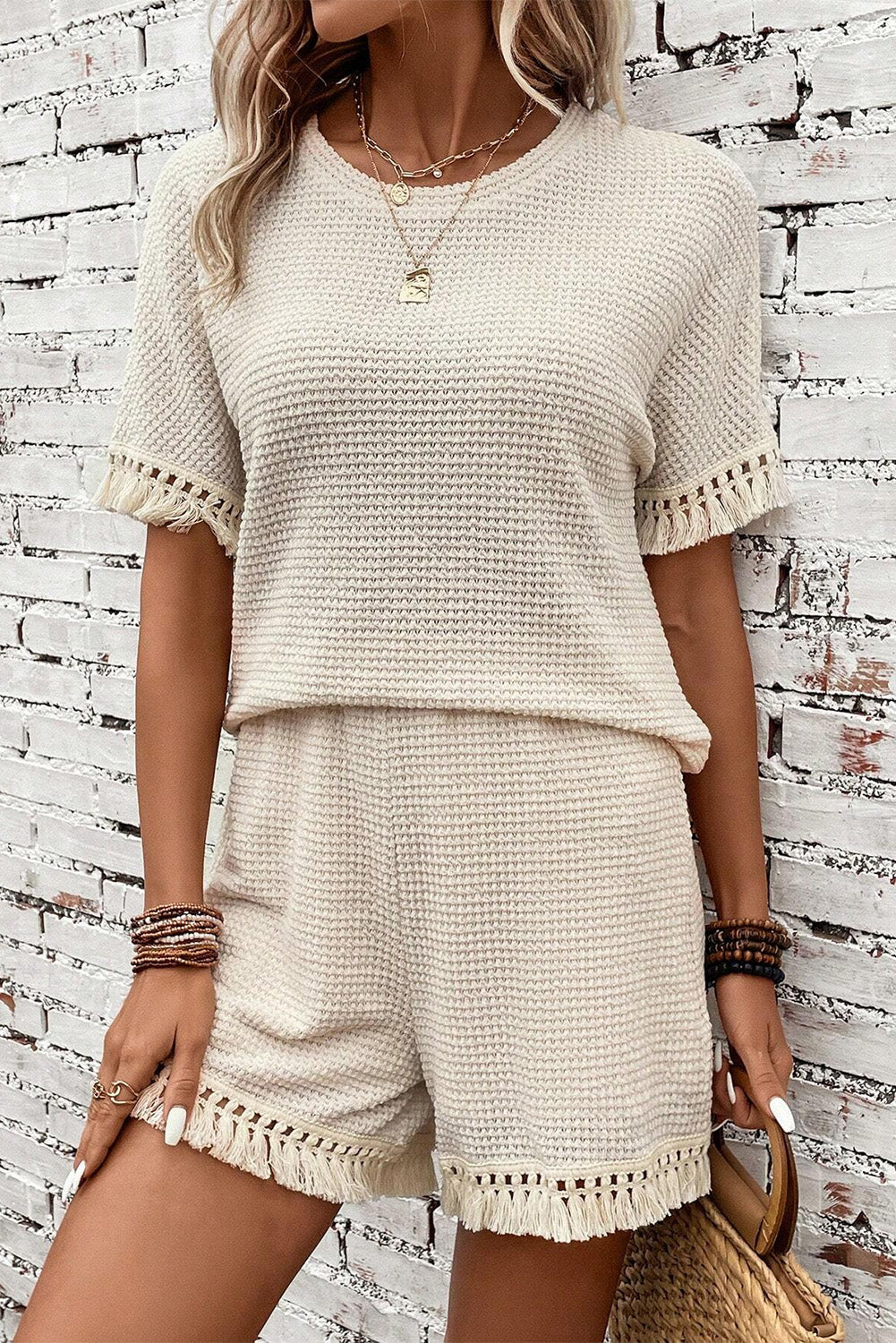 Beige Fringe Trim Waffle Knit Textured Shorts Set - Cowaa