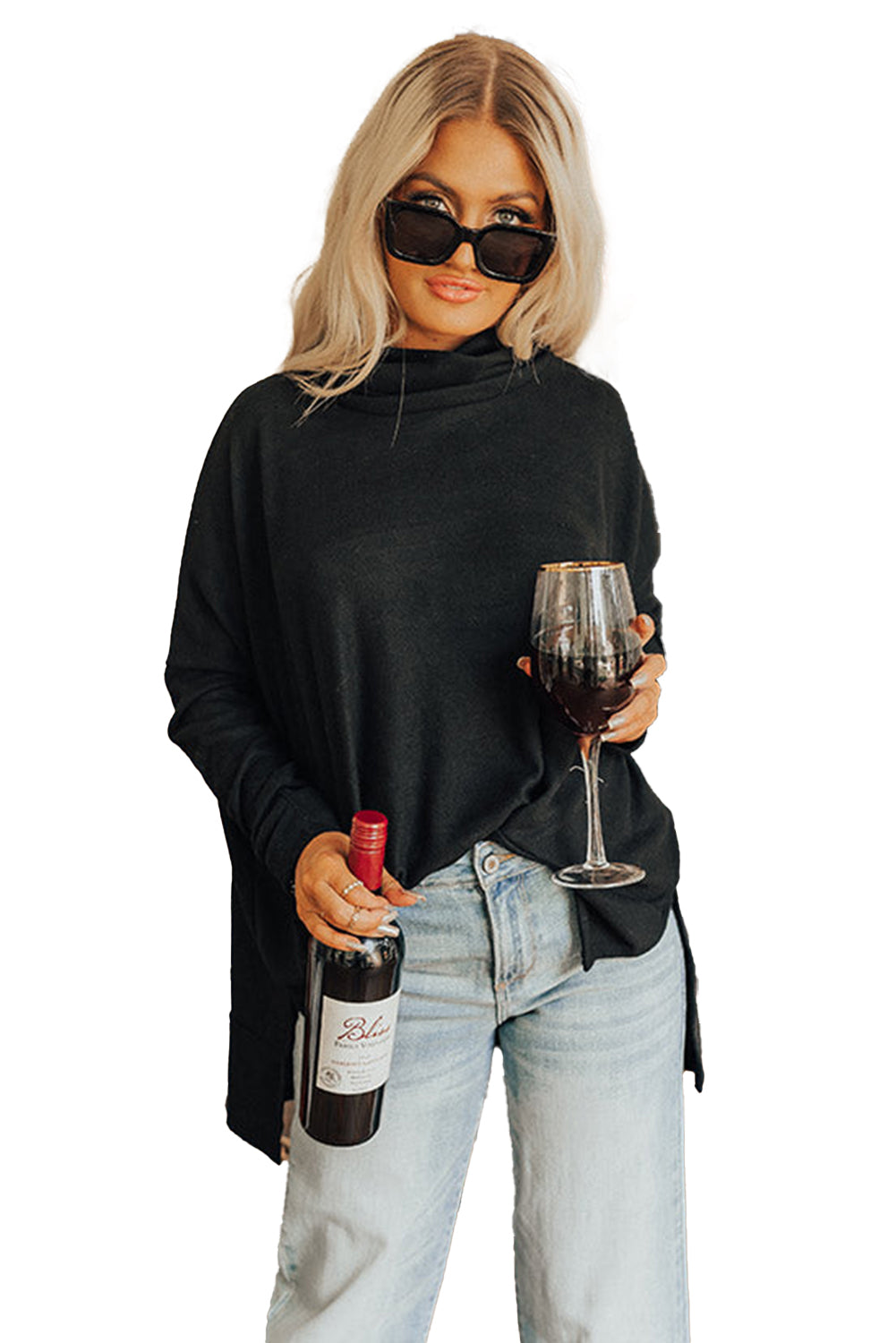 Cowl Neck Loose Fit Tunic Long Sleeve Top - Cowaa