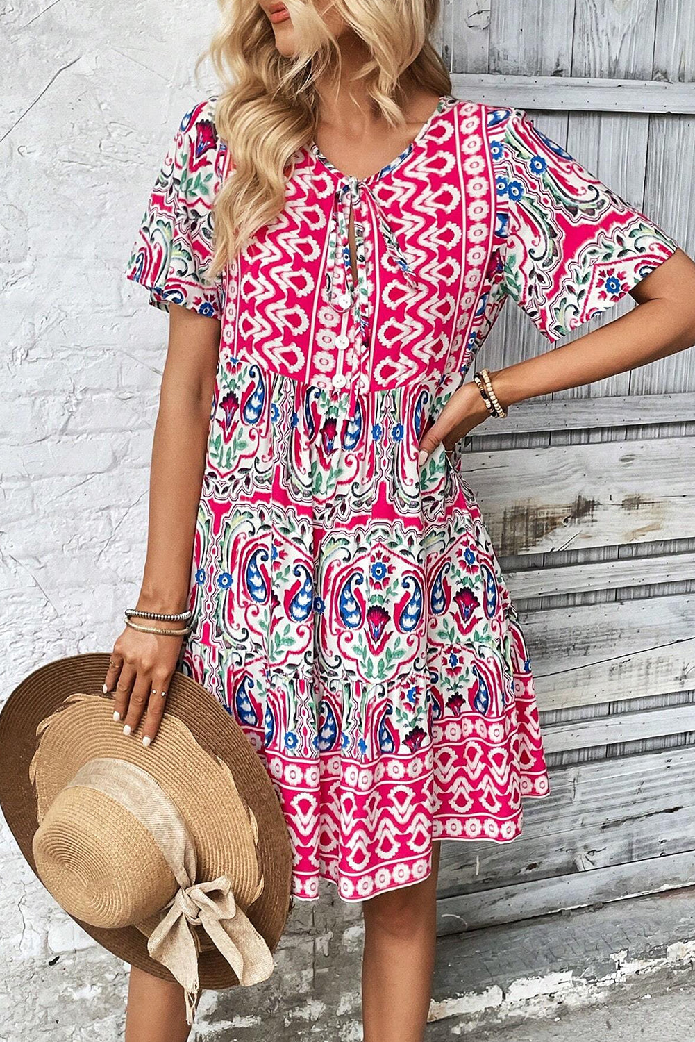 Pink Bohemian Tie Neck Flounce Sleeve Ruffle Hem Mini Dress - Cowaa