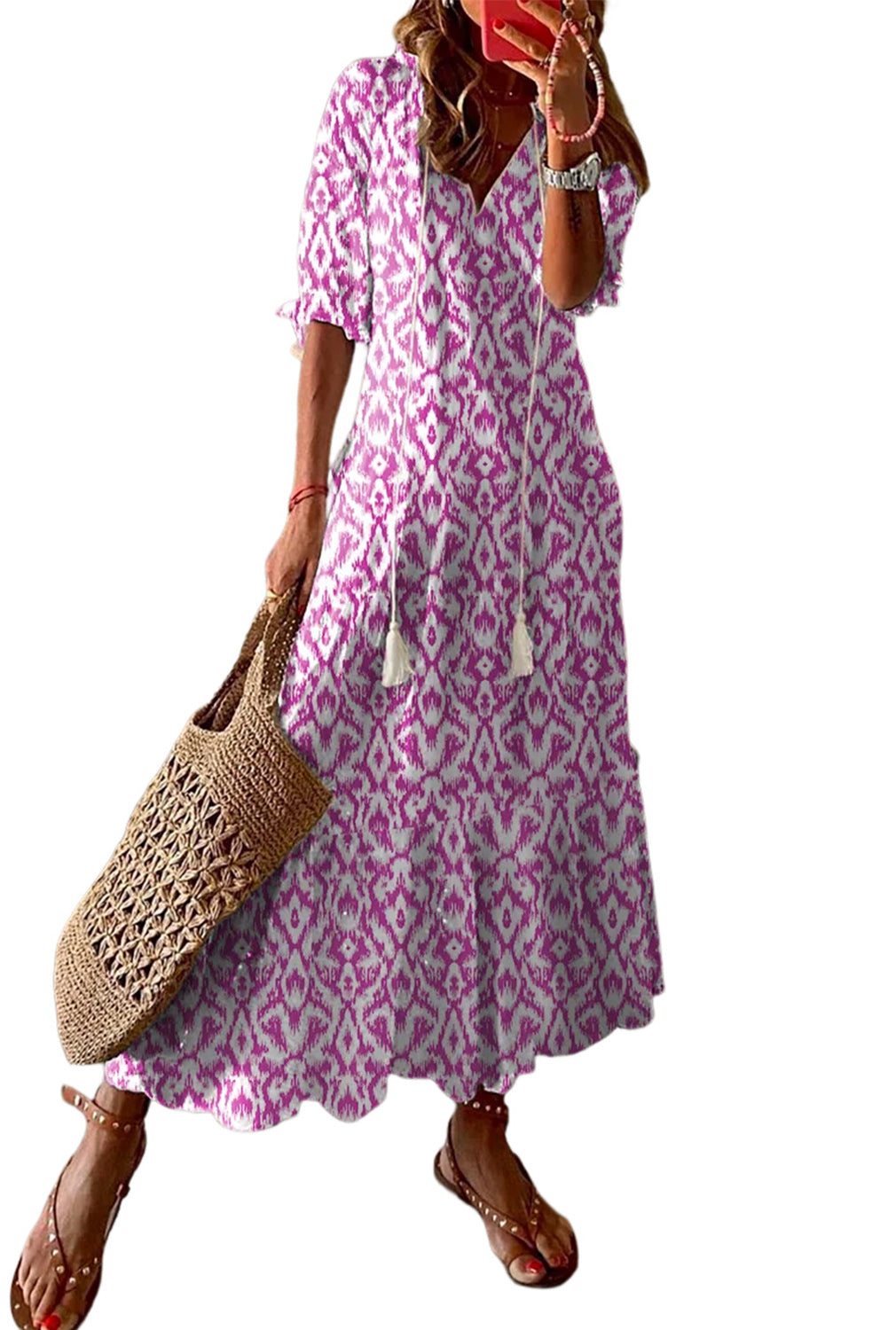 Sky Blue Geometric Print Casual V Neck Maxi Dress - Cowaa